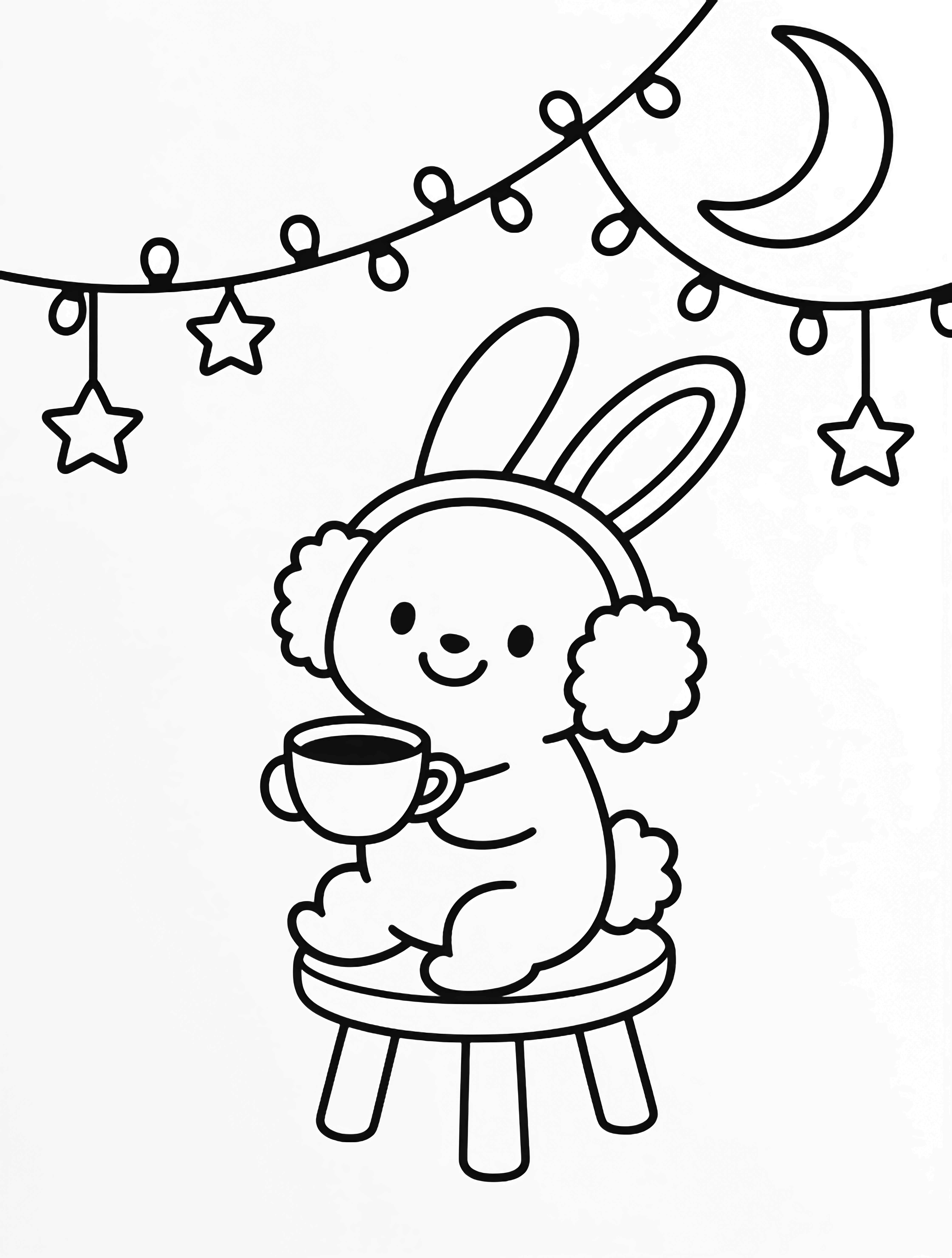 A smiling rabbit in earmuffs sits on a stool, delicately holding a teacup beneath hanging fairy lights, stars, and a crescent moon. kleurplaat
