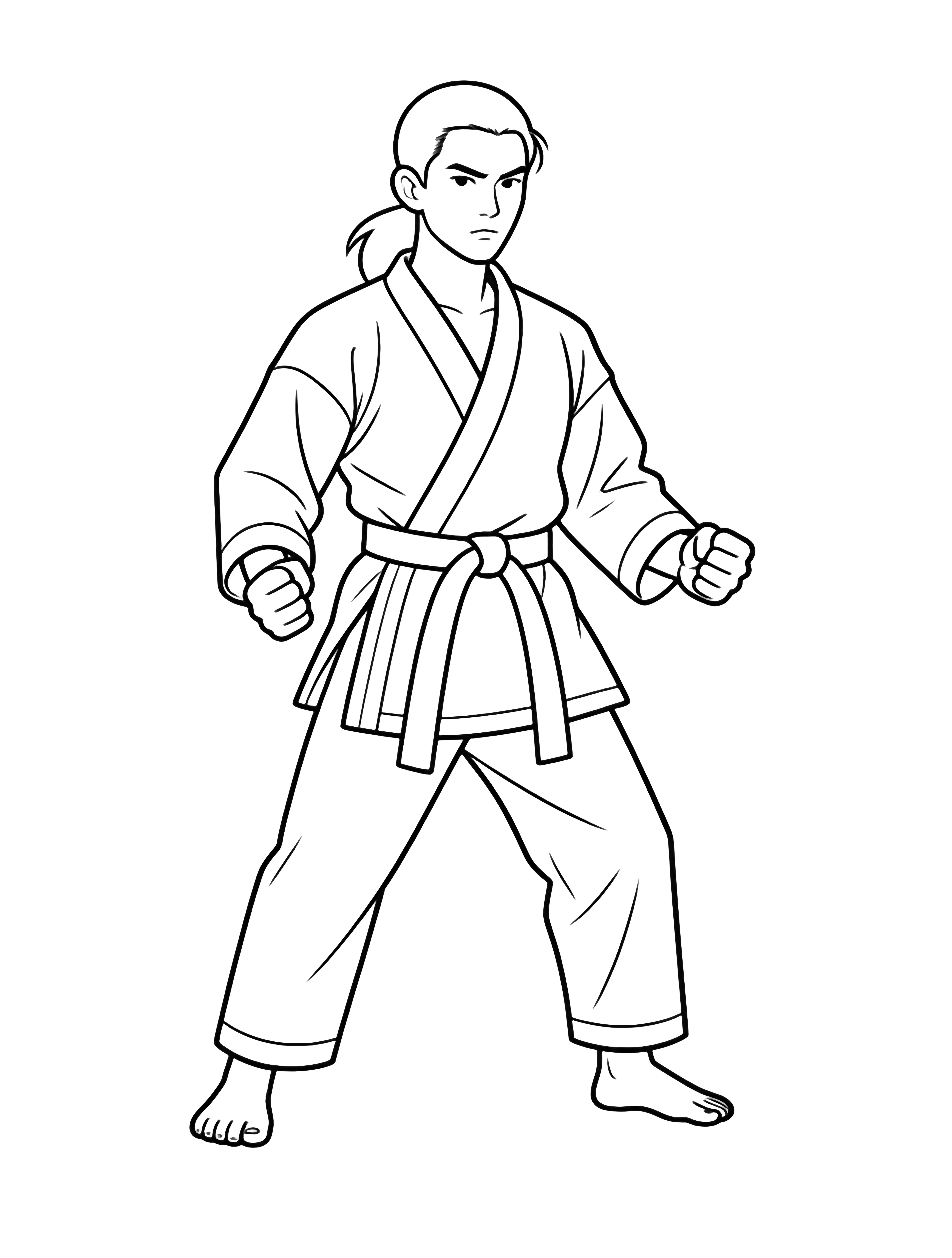 A confident karate fighter stands ready, feet apart in a loose gi and black belt, hair tied back. kleurplaat