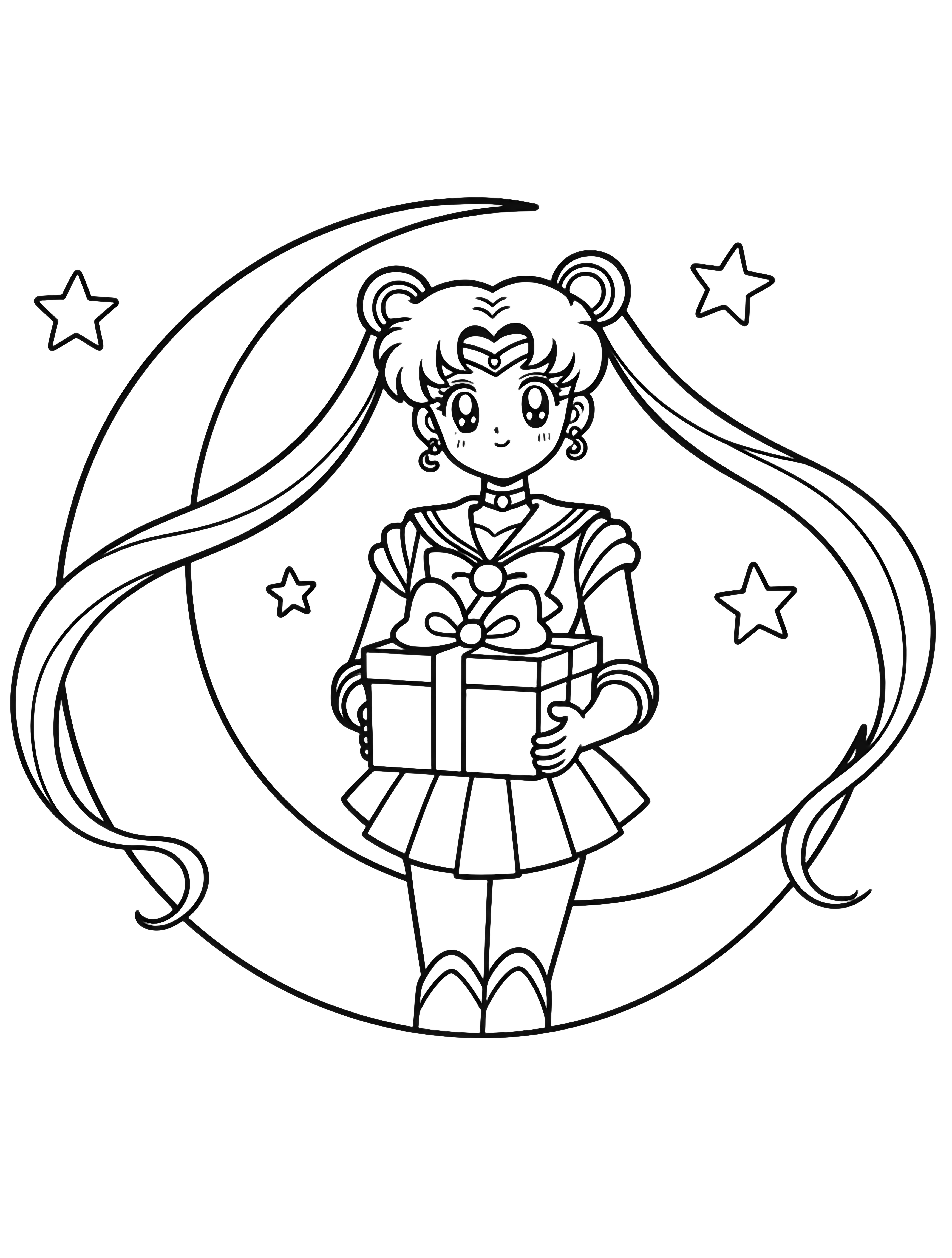 Sailor Moon with flowing ponytails stands above a crescent moon, holding a gift box; stars sparkle around her. kleurplaat