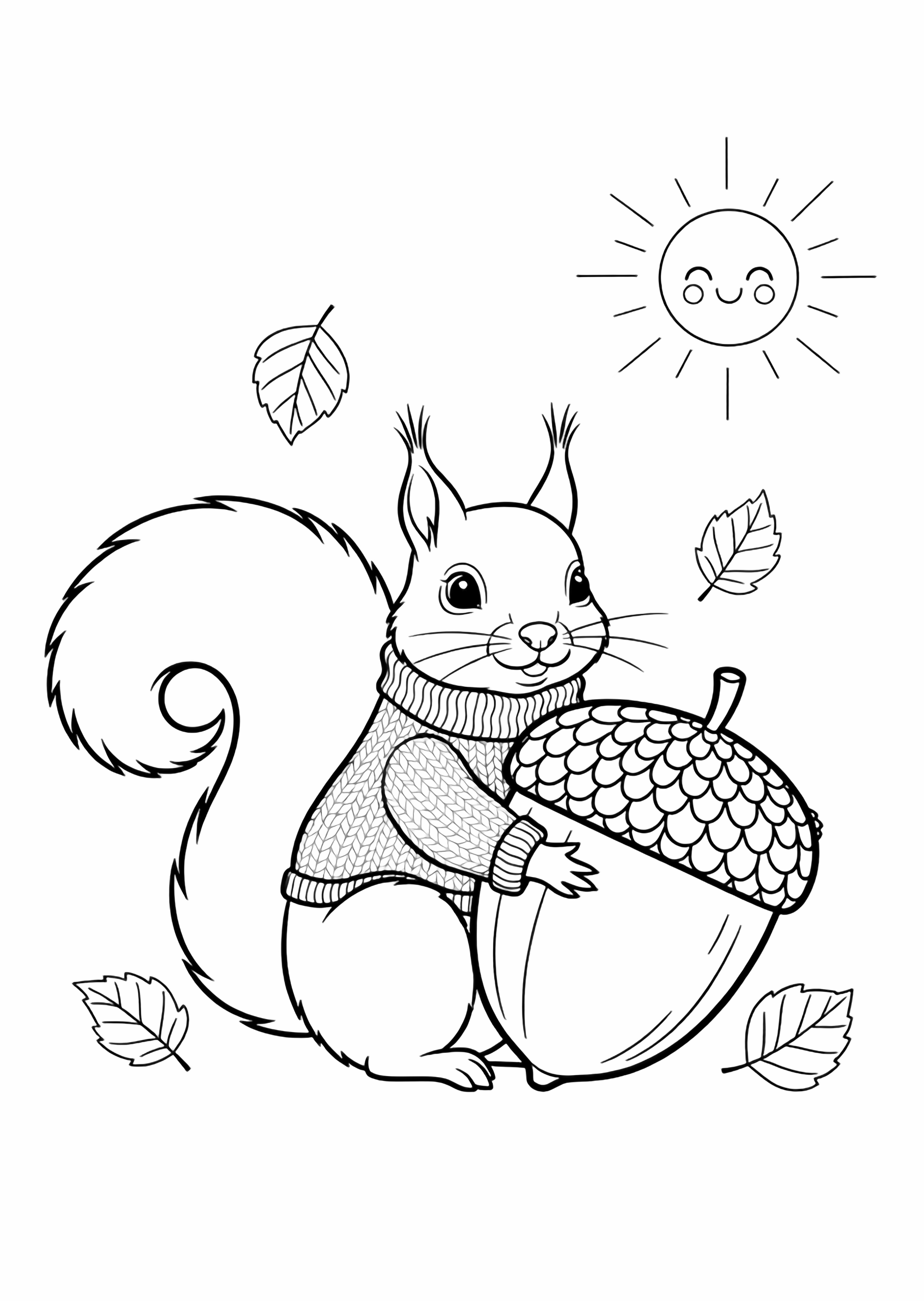 A chunky-sweatered squirrel hugs a giant acorn, its bushy tail curling above; simple leaves and a smiling sun frame the scene. kleurplaat
