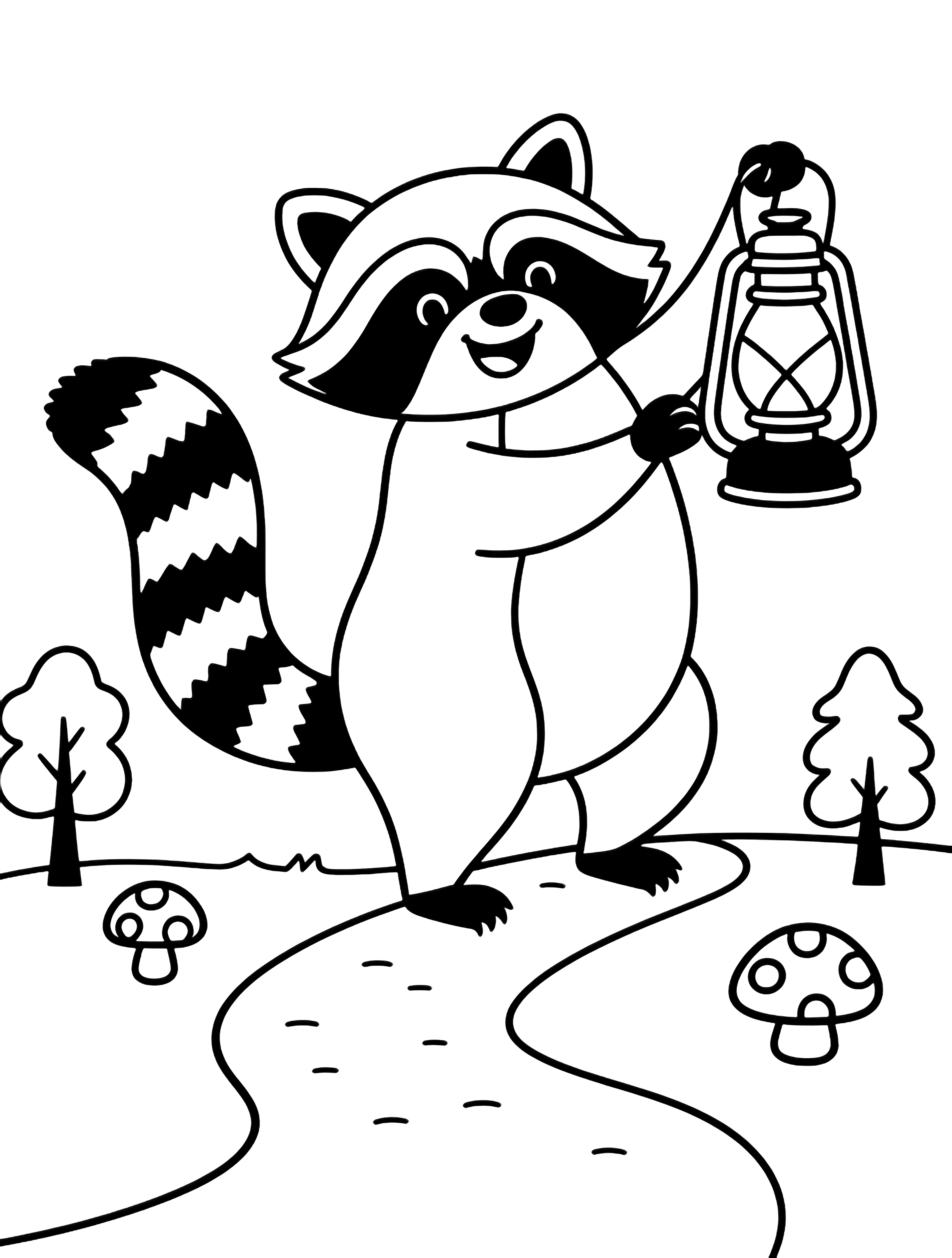 A cheerful raccoon lifts a lantern while strolling along a curving path past three trees, tiny mushrooms, and drifting leaves. kleurplaat