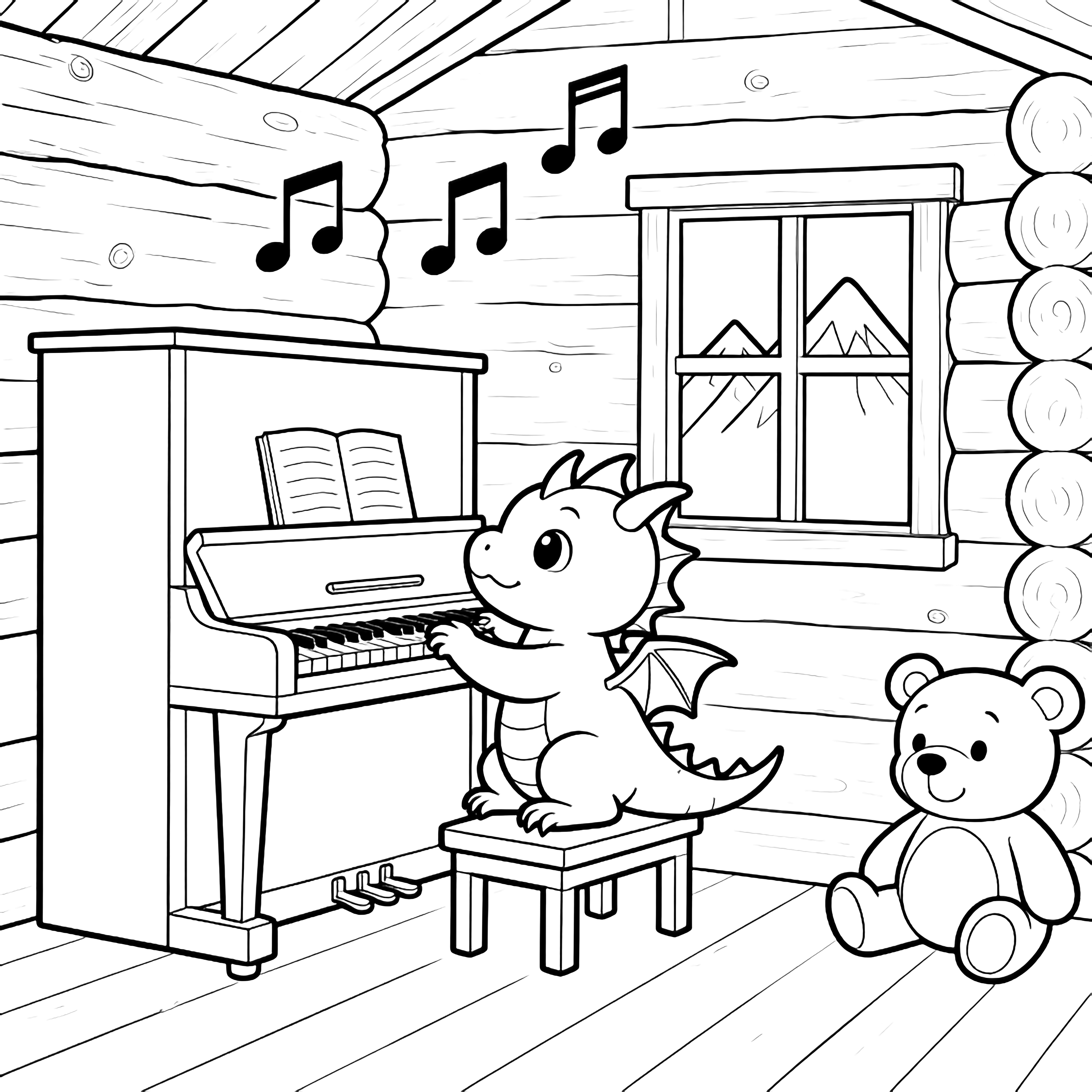 A chubby baby dragon on a tiny bench reaches toward a grand piano inside a log cabin; musical notes drift above while a smiling teddy bear listens and a window frames distant mountain peaks. kleurplaat