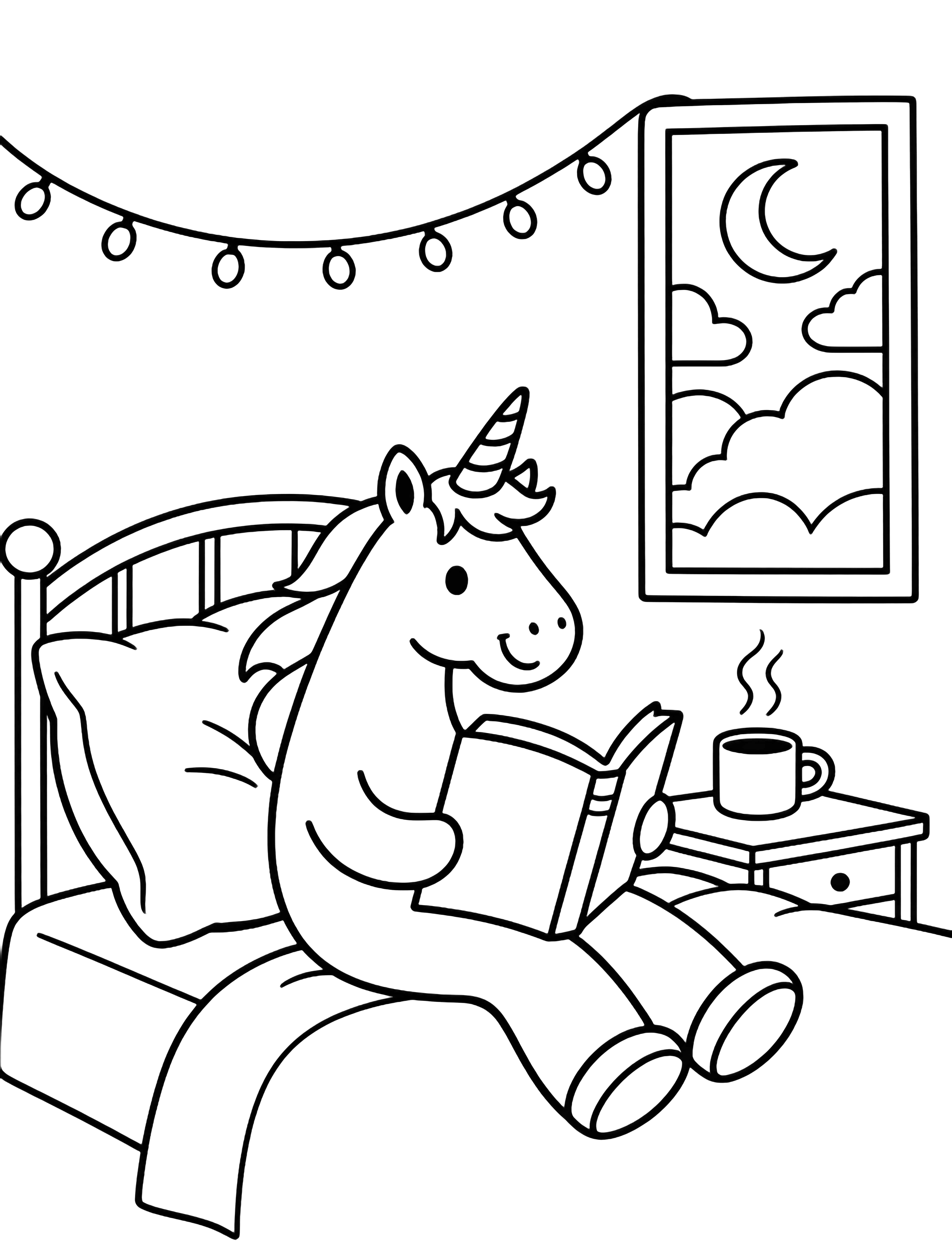 A smiling unicorn reclines on pillows reading a book, framed by fairy-light strings, with a steaming mug on the nightstand beside a window showing a crescent moon and drifting clouds. kleurplaat
