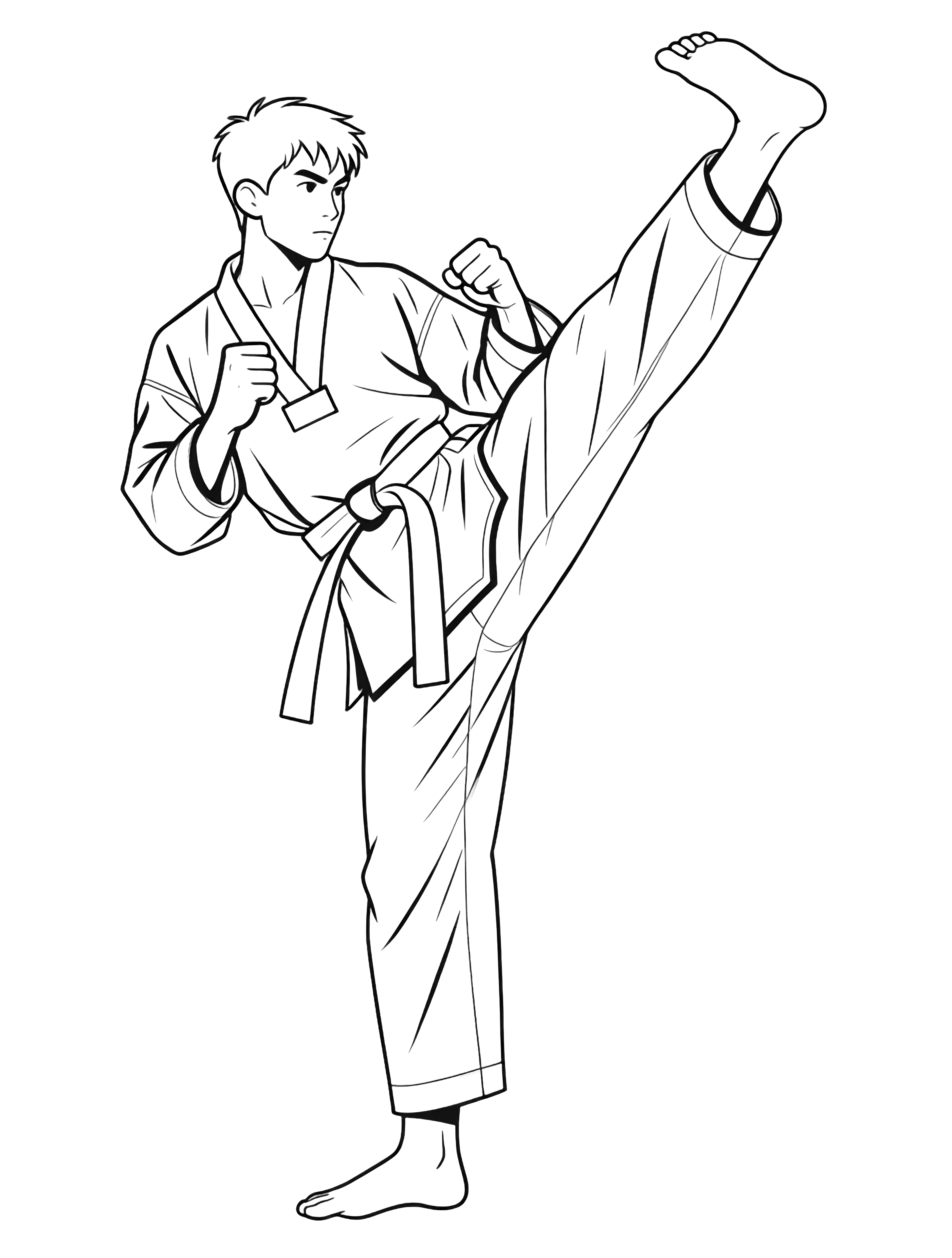 Taekwondo athlete pivots, arms blocking, one leg lifted mid-kick; crisp dobok, tied belt, white spaces for coloring. kleurplaat