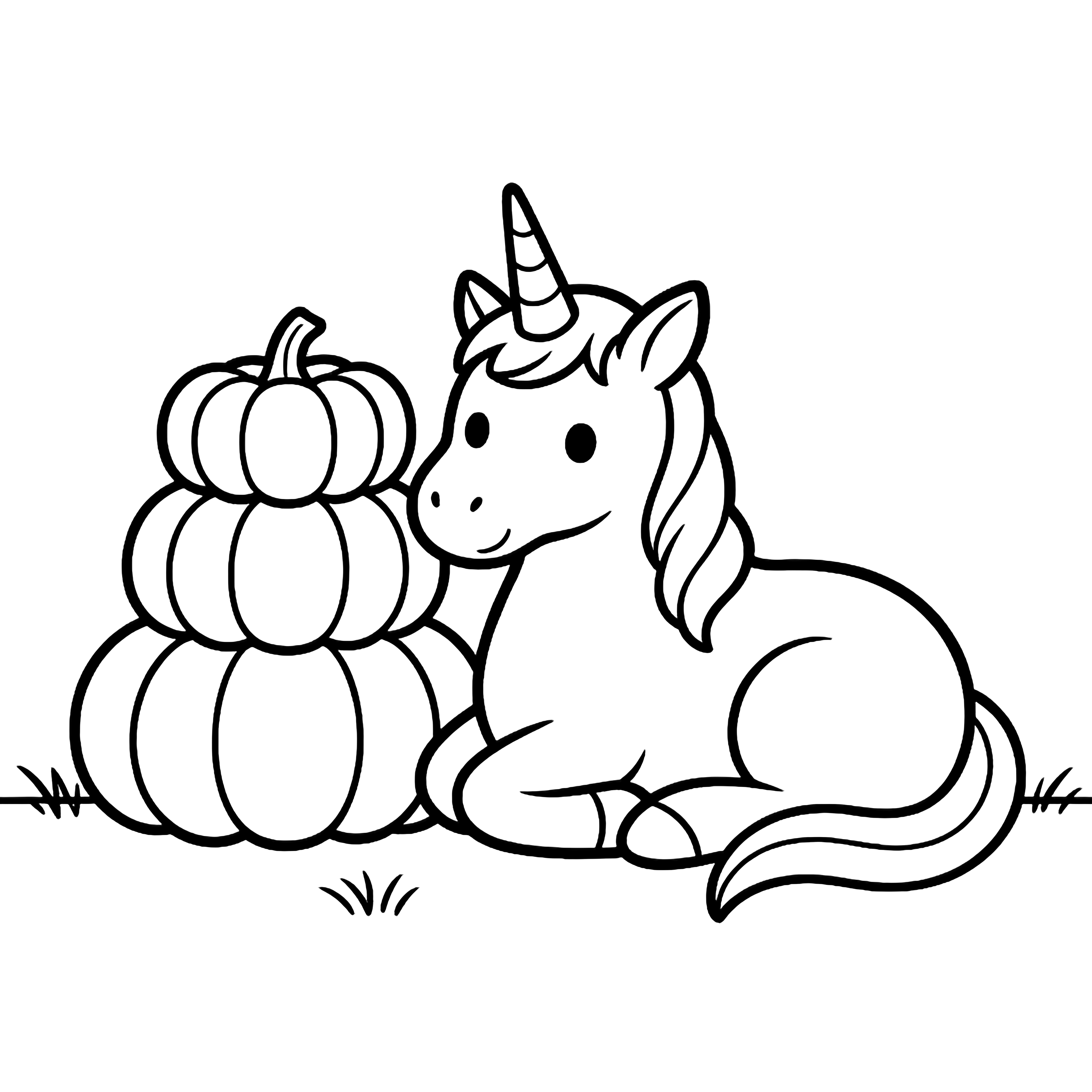 A smiling unicorn curled up beside a neat stack of three pumpkins, simple grass, and a few drifting stars. kleurplaat