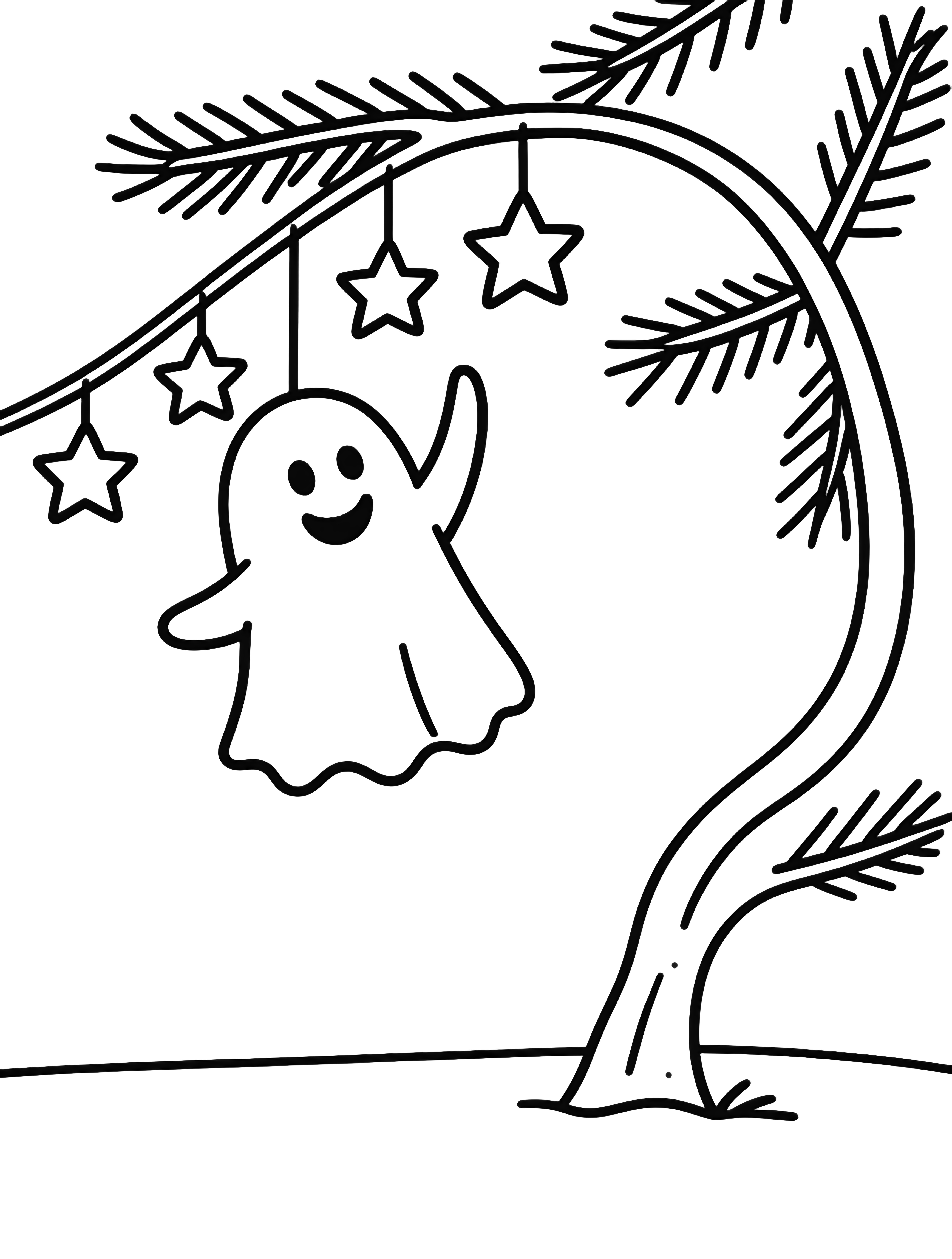 Tiny ghost with sheet-eyes stretches to hang stars on a curved pine branch; simple needles, small bowed trunk, empty ground. kleurplaat