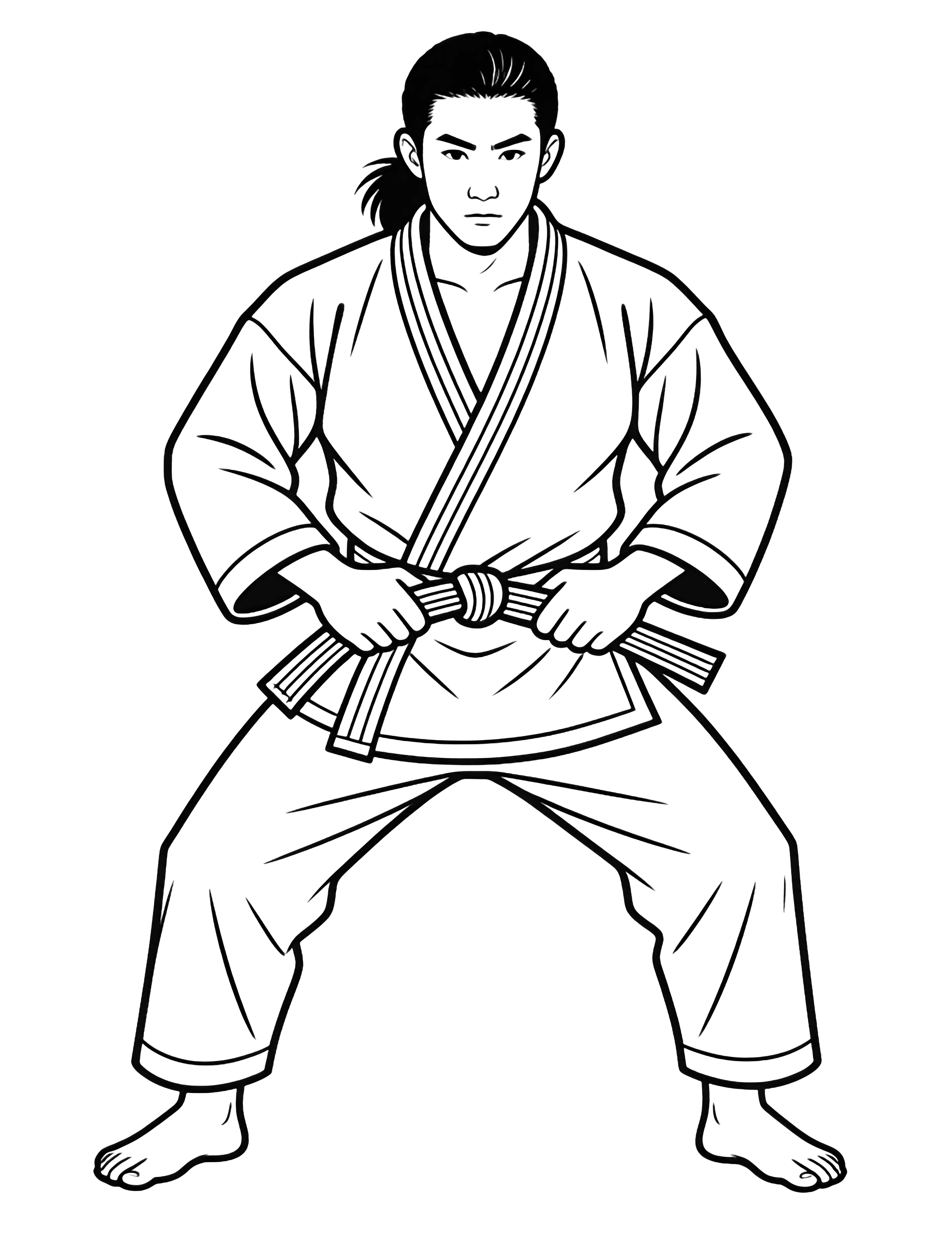 A judo athlete, knees bent, ties the belt at her waist, crisp gi sleeves fluttering, hair pulled back. kleurplaat