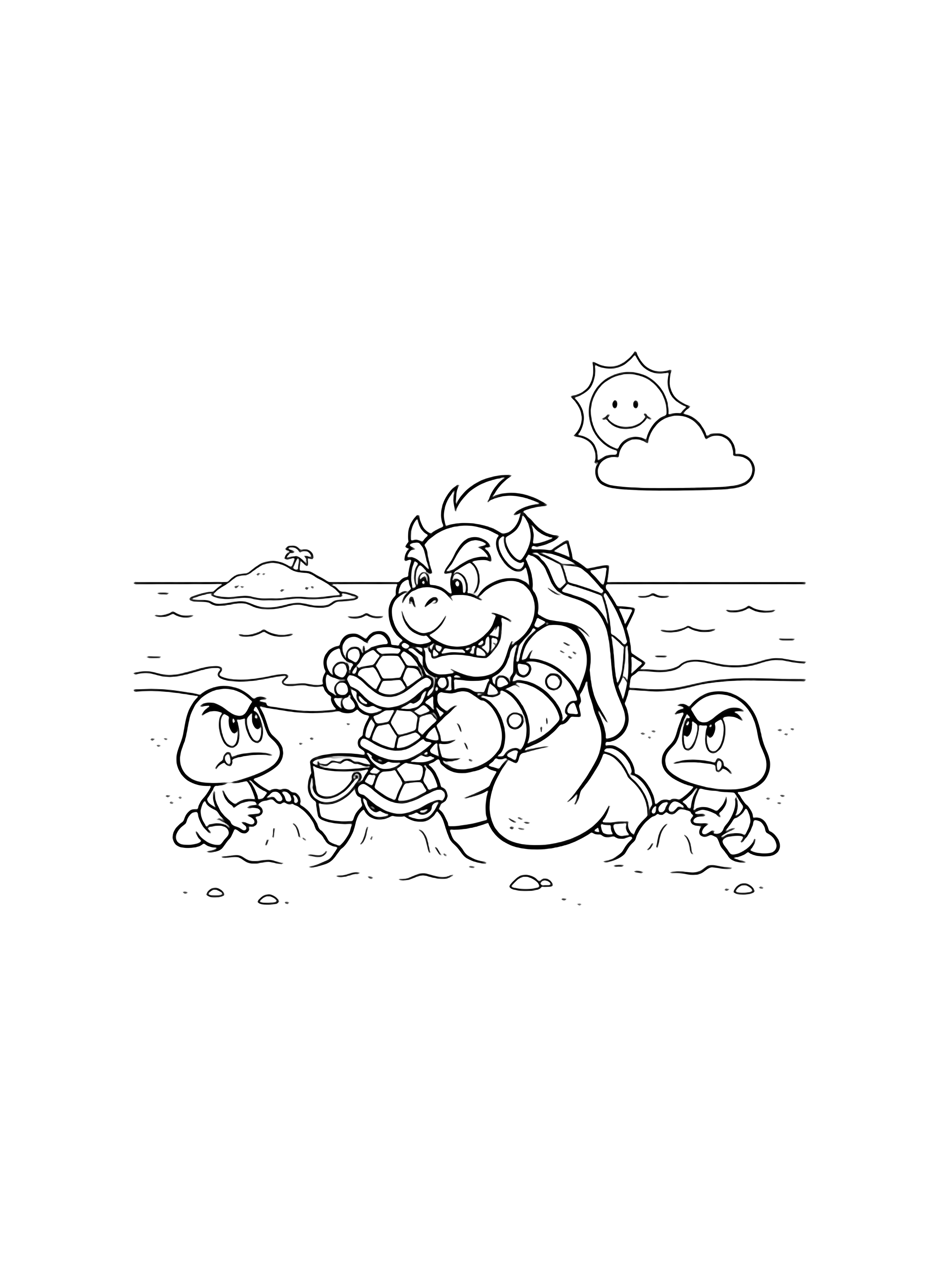 Bowser Jr kneels with a bucket, stacking three Koopa shells on a beach while two Goombas pat sand beside him; wavy shoreline, tiny cloud, smiling sun behind. kleurplaat