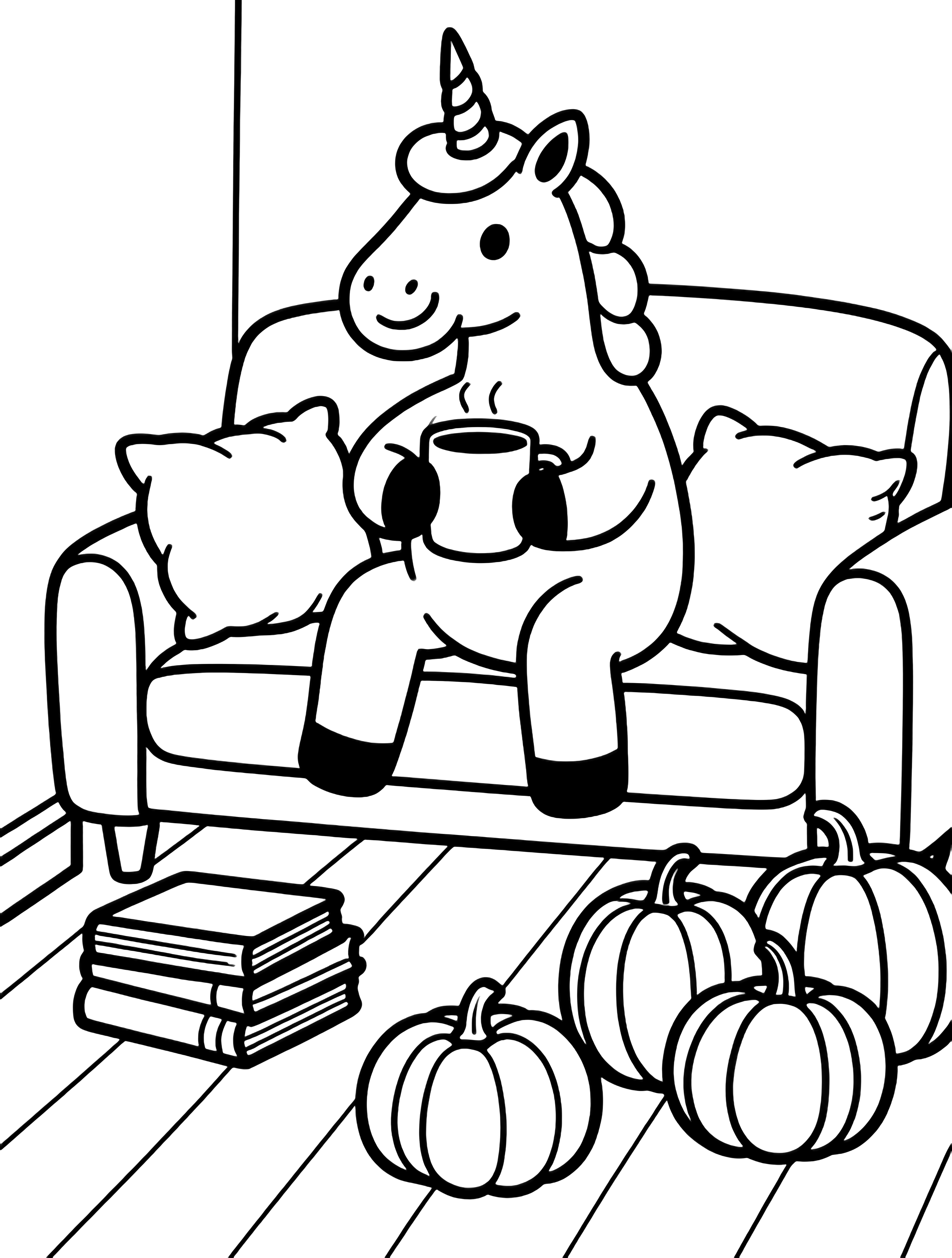 A smiling unicorn sits upright on a sofa hugging a tall mug; nearby are three plump pillows, stacked books, and four round pumpkins. kleurplaat