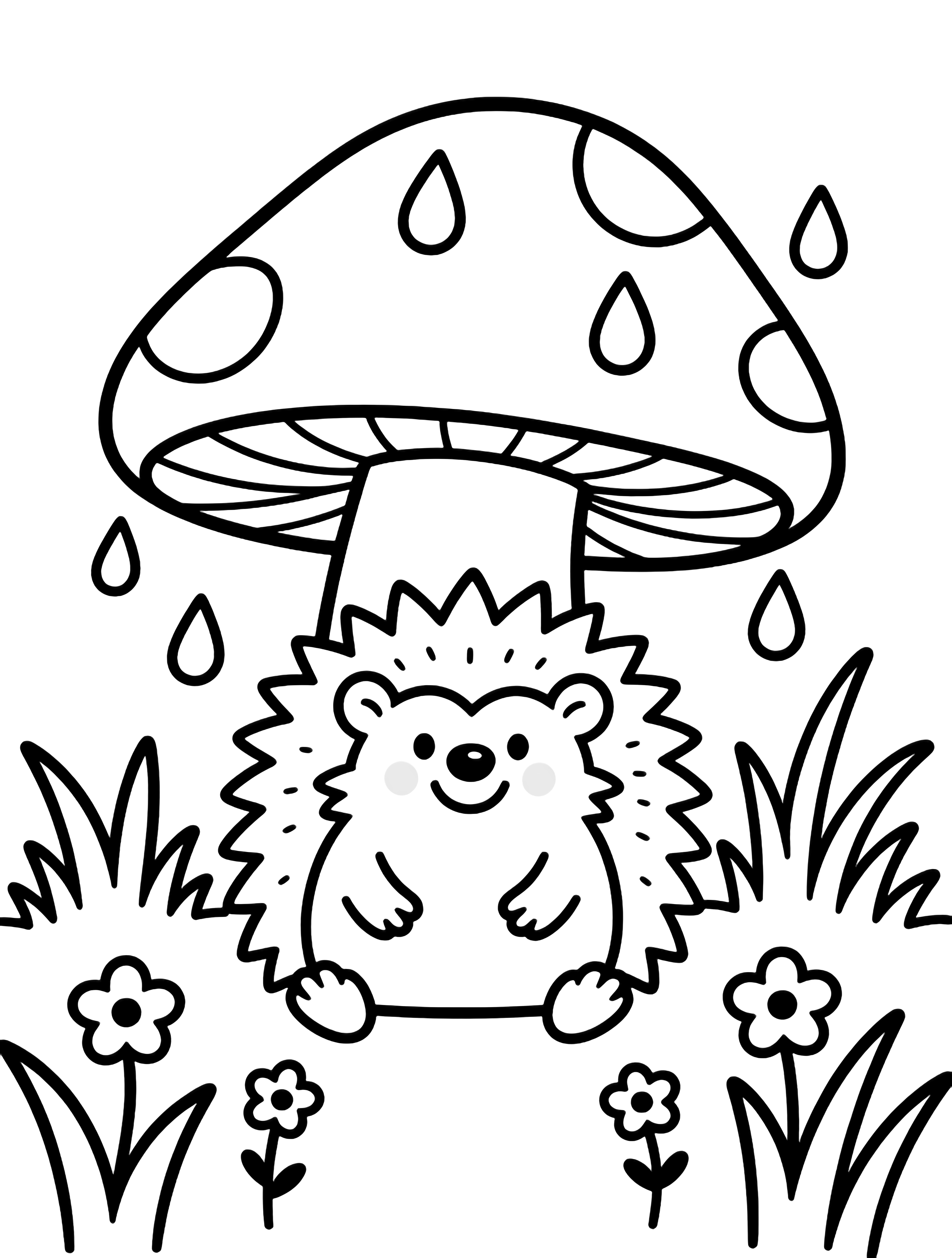 A smiling hedgehog sits under a big toadstool while teardrop rain falls; grass and tiny flowers surround them. kleurplaat