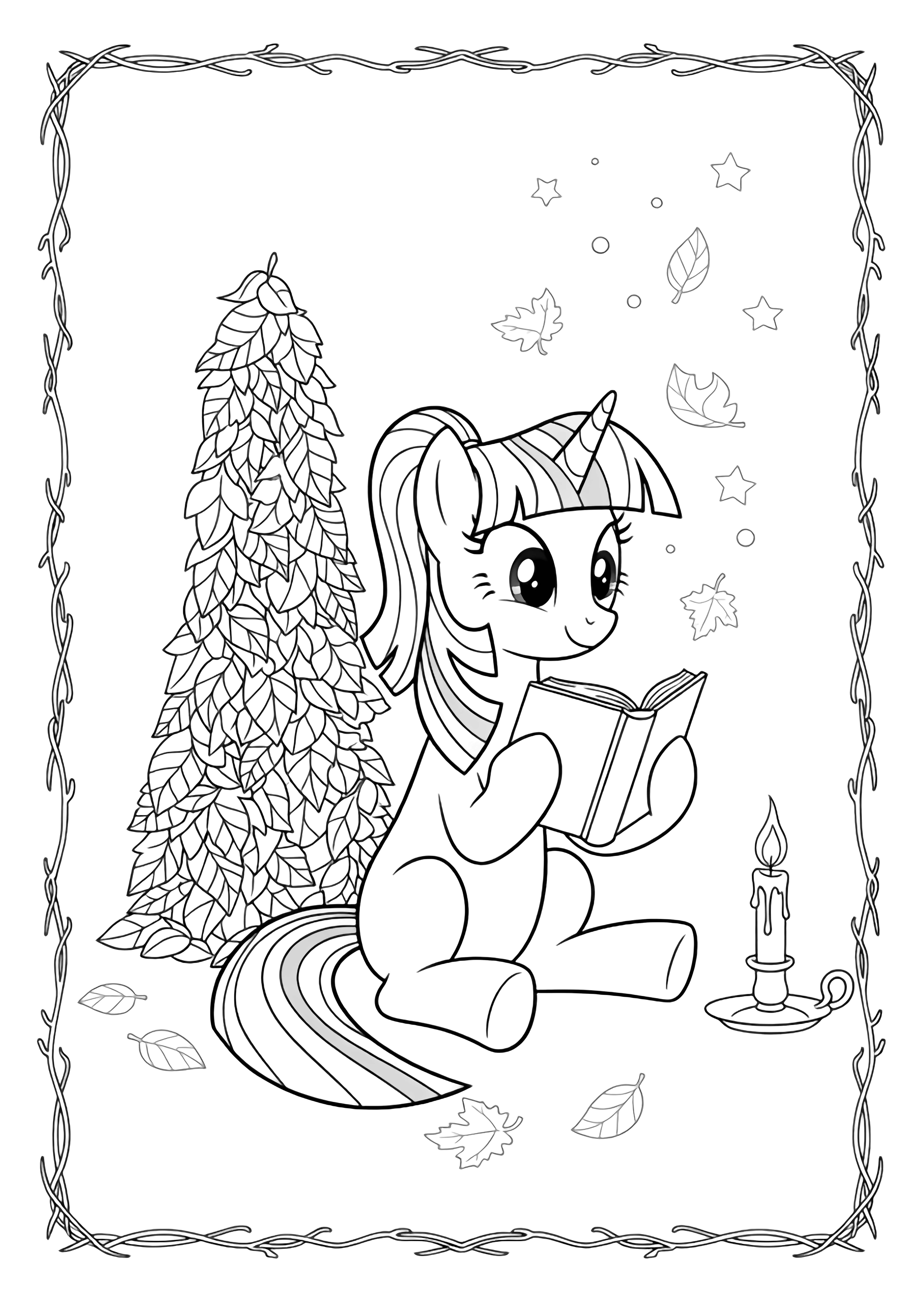 Twilight Sparkle, mane in a ponytail, reads an open book beside a neat pile of leaves, a candlestick on the ground, stars and curled leaves drifting around, framed by twigs. kleurplaat