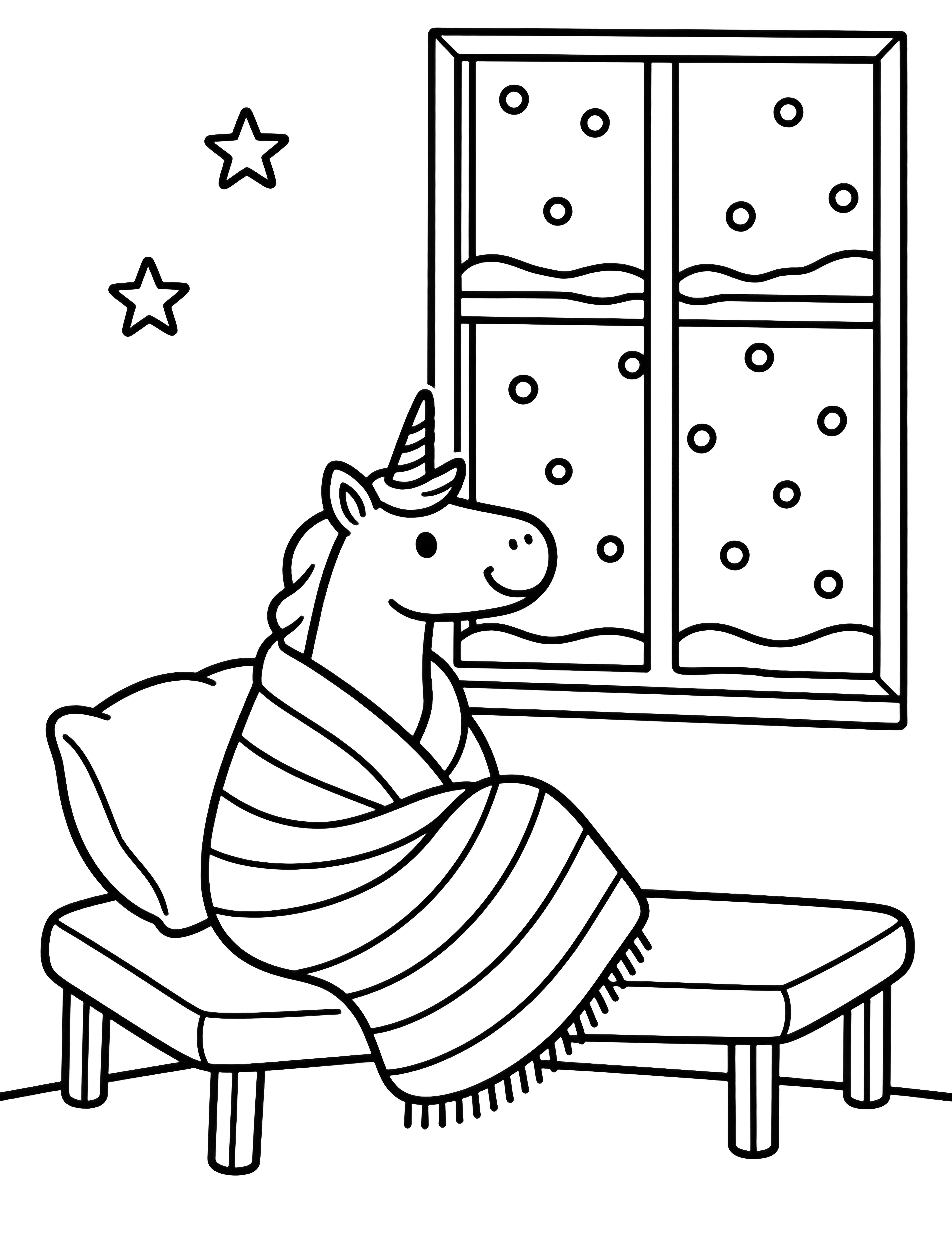 A smiling unicorn sits on a cushioned bench wrapped in a striped blanket, gazing out a tall window at gently falling snowflakes, with small stars on the wall. kleurplaat