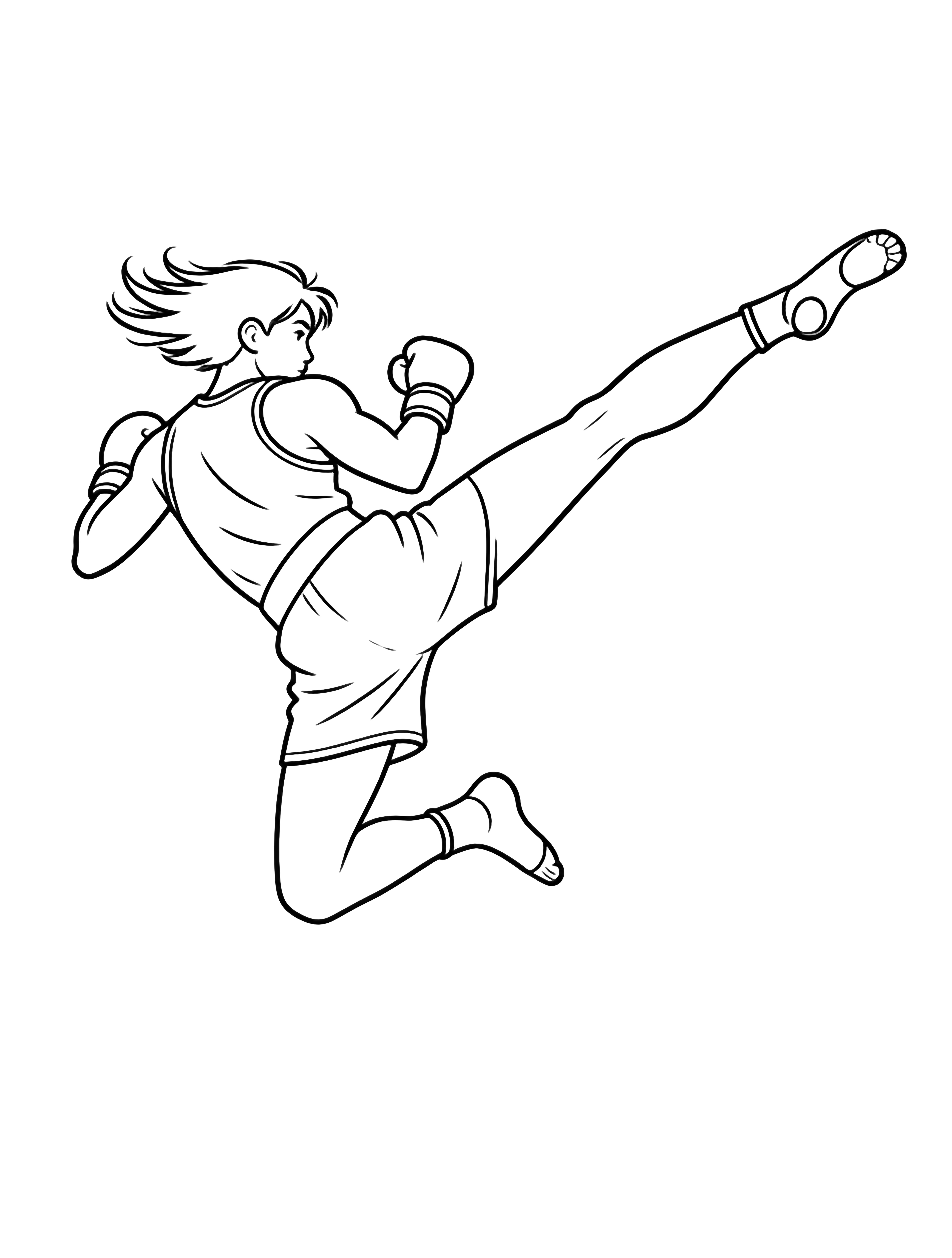 Athletic kickboxer suspended mid-leap, rear leg high, fists guarding, hair flowing kleurplaat