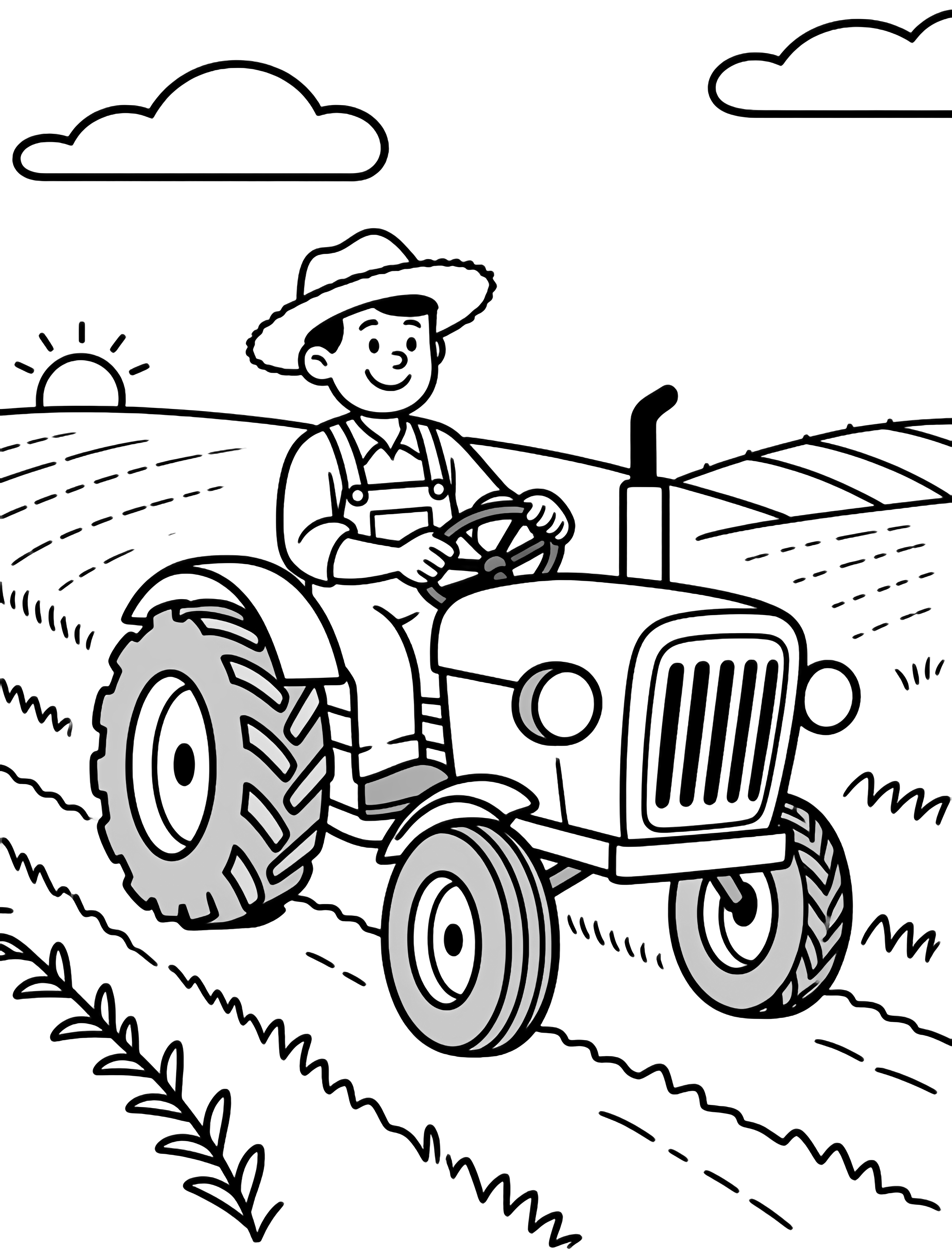 Smiling farmer in overalls and straw hat driving chunky tractor along gentle field rows, distant barn and clouds under rising sun. kleurplaat