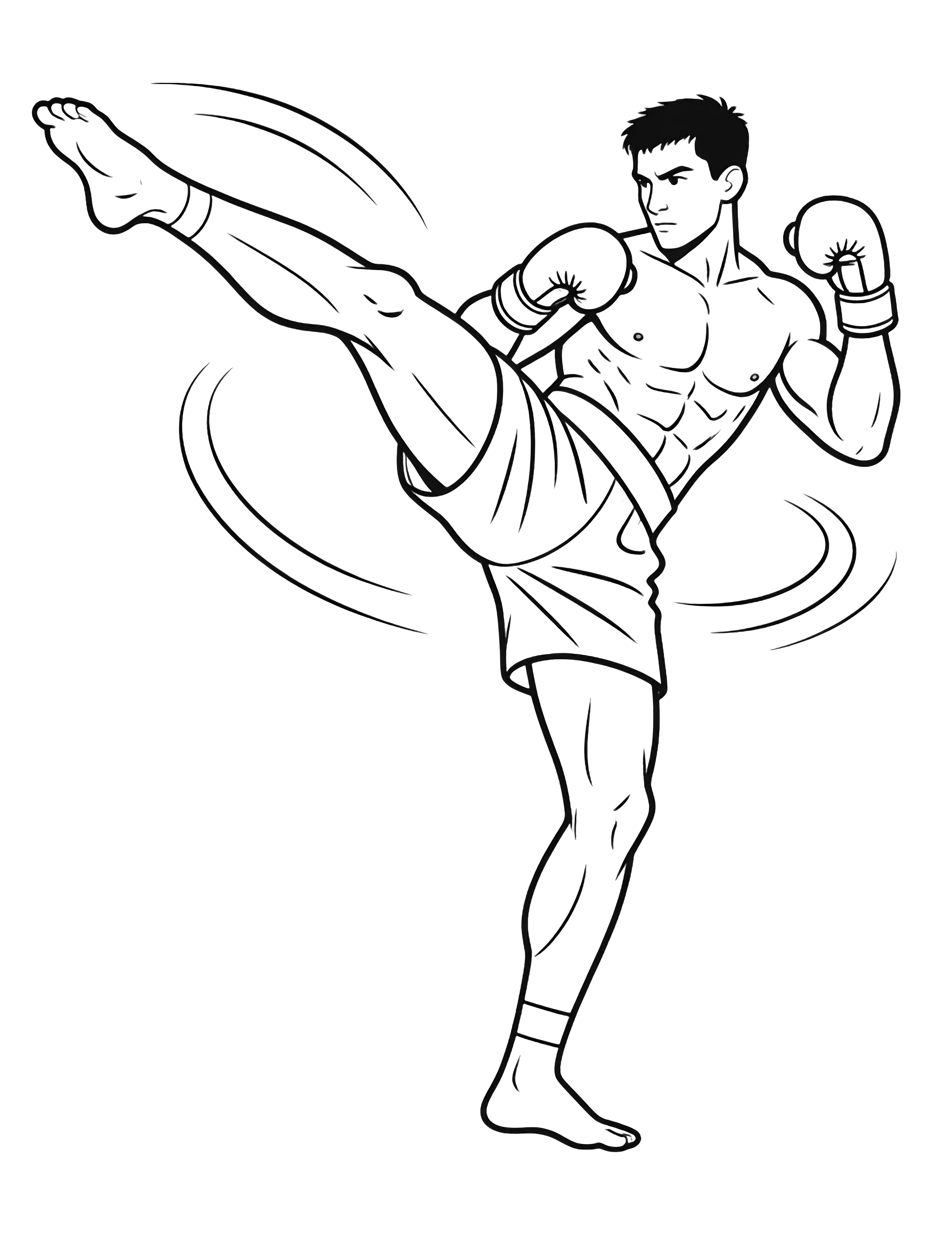 Muscular kickboxer frozen mid-knee strike, gloved fists clenched, rear leg thrust high, motion lines swirling around him. kleurplaat