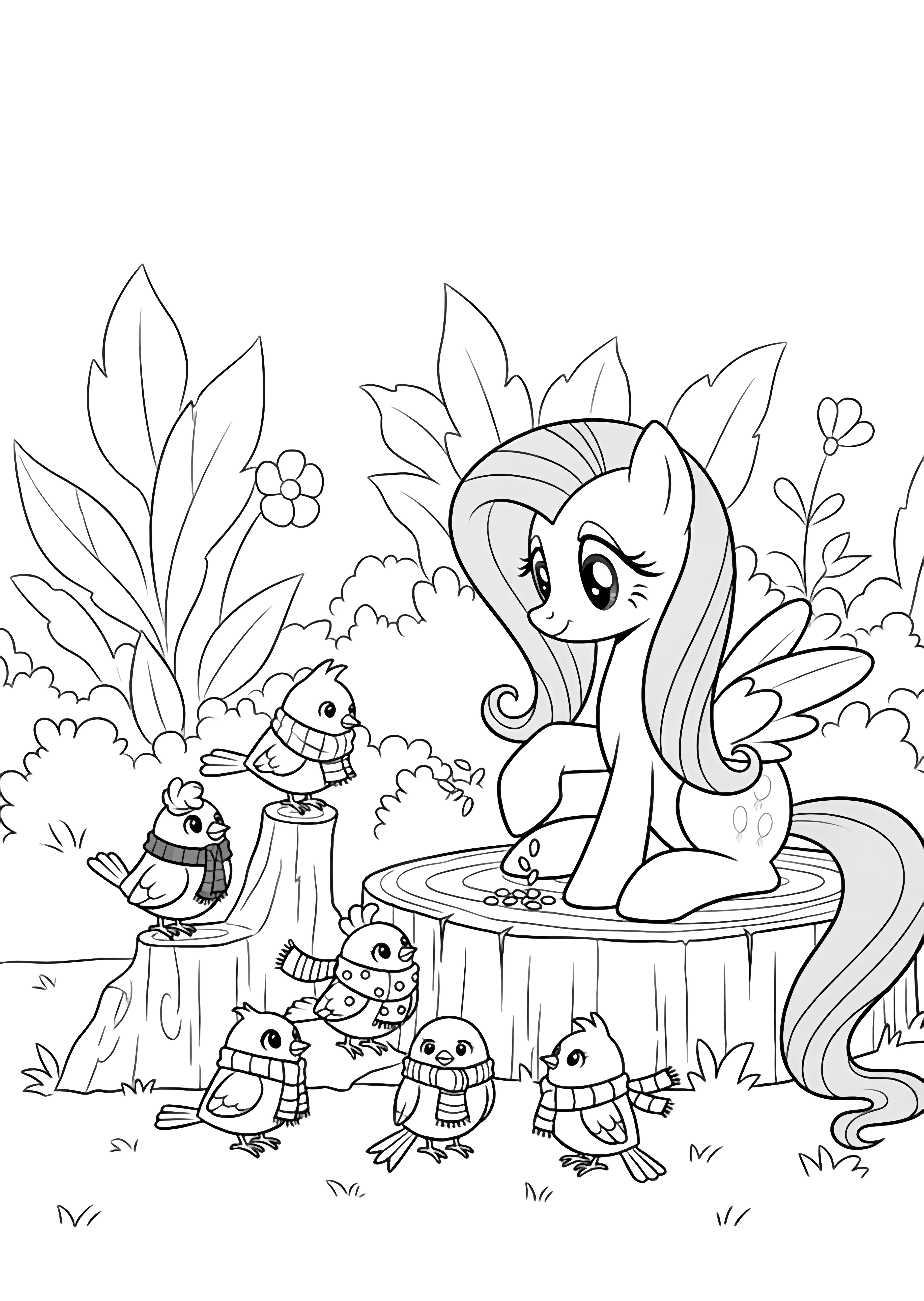 Fluttershy perched on a garden stump, offering seeds to small scarf-wearing birds amid leafy plants. kleurplaat