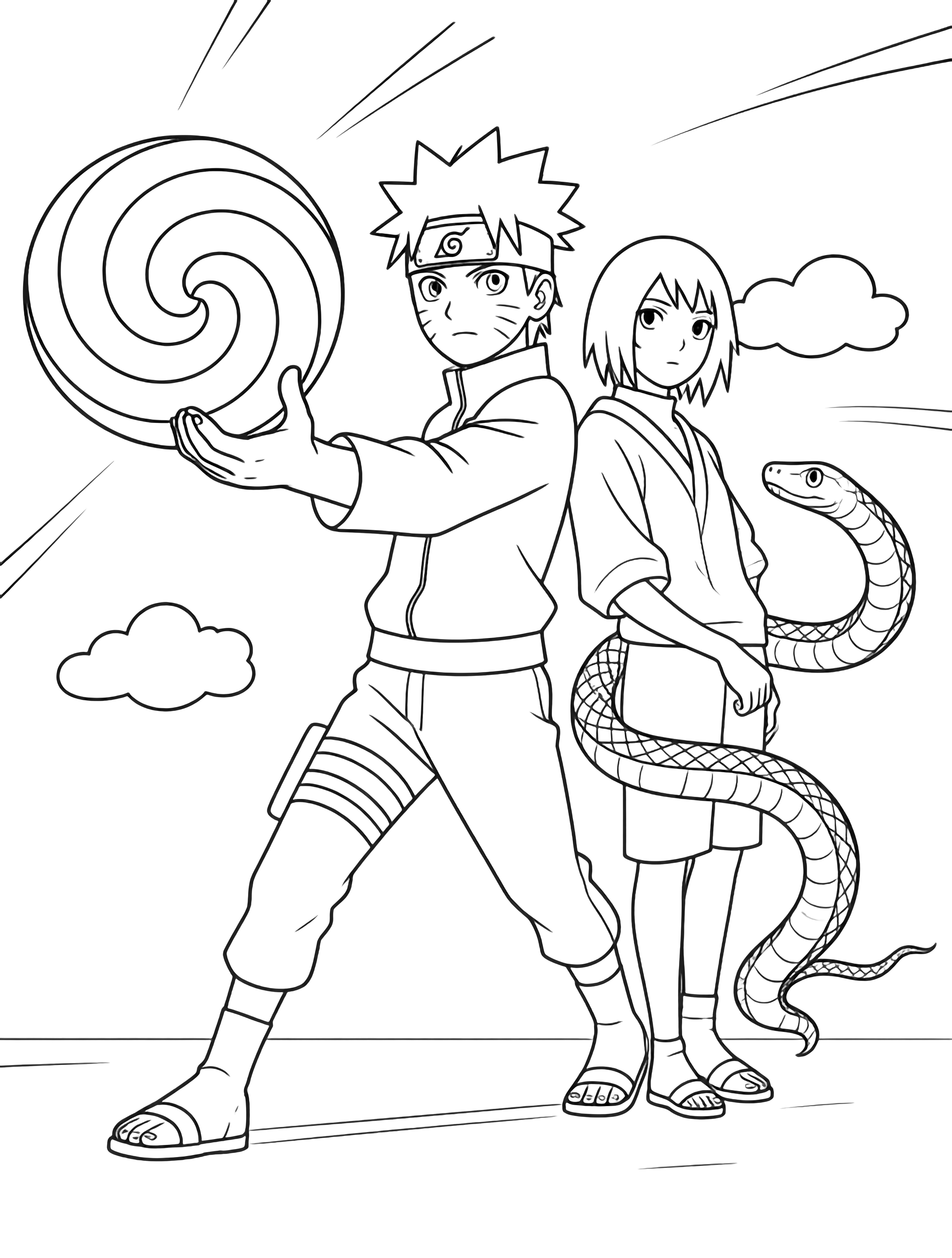 Boruto strides forward, palm thrust out with a spiraling sphere; Mitsuki lounges beside him, snake-arm loose, framed by clouds and speed lines. kleurplaat