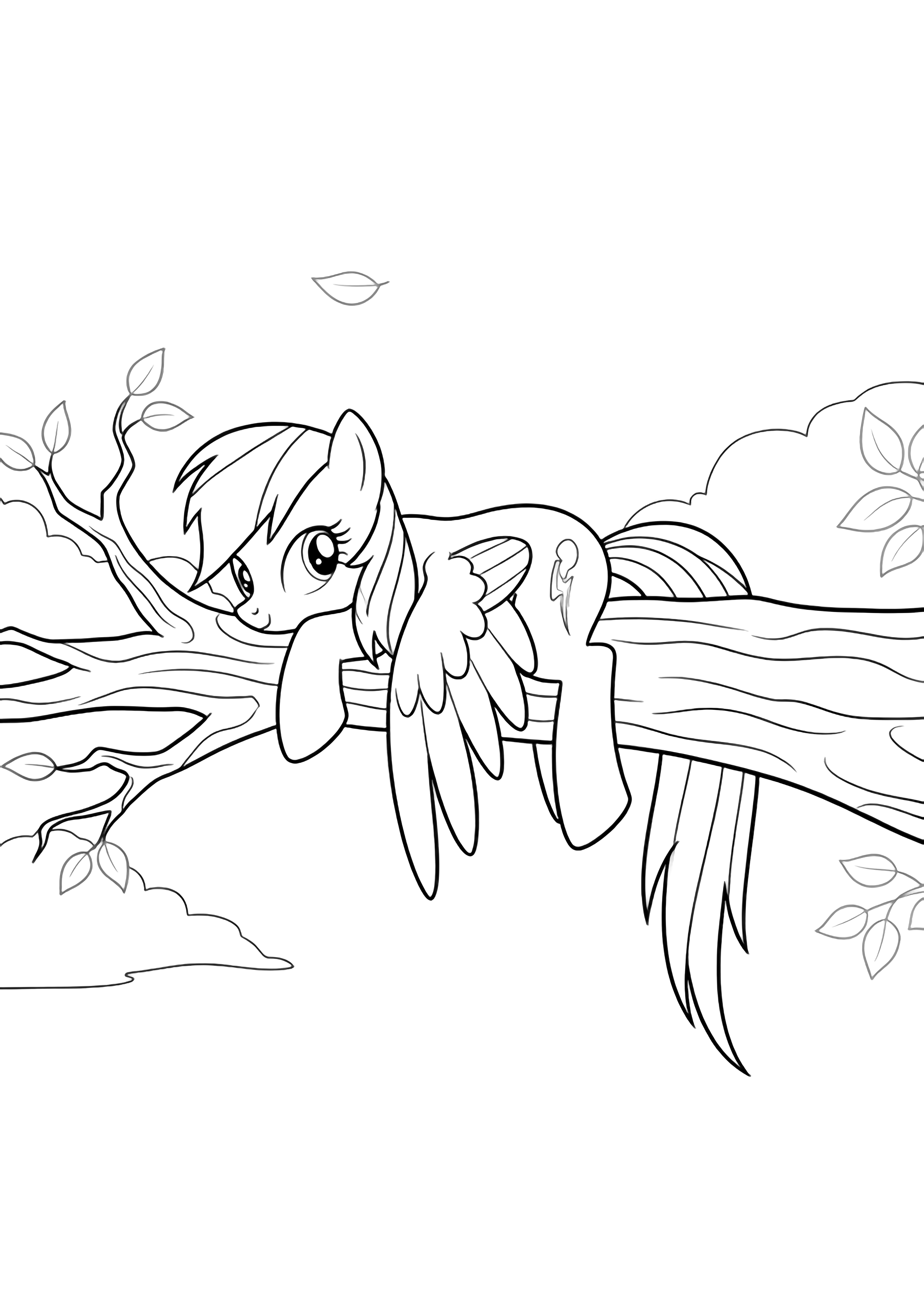 Rainbow Dash lounges on a tree branch, wings tucked, tail dangling while leaves drift through the empty sky. kleurplaat