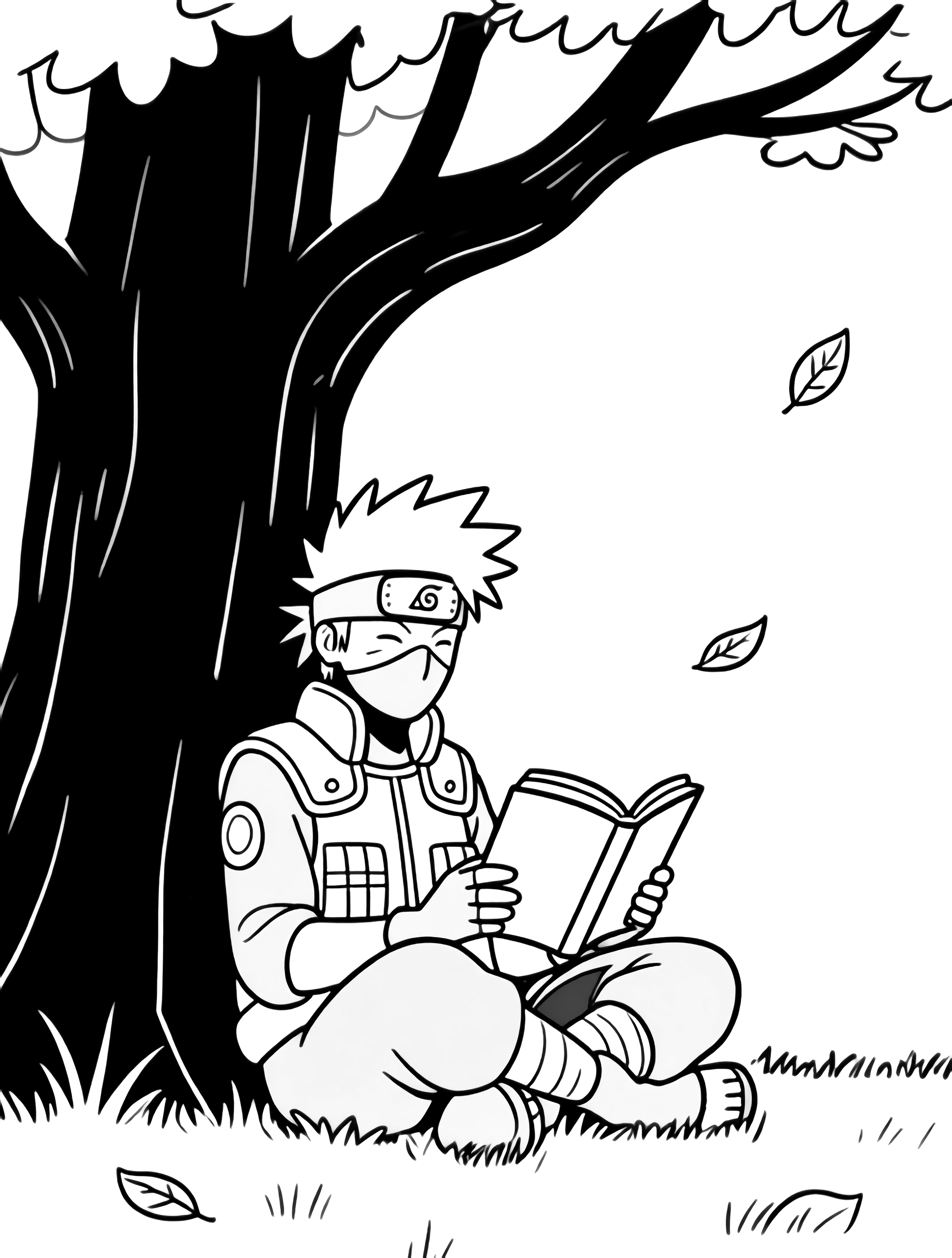 Kakashi zit met gekruiste benen onder een grote boom, zijn masker omhooggetrokken om een kalm glimlachje te onthullen, terwijl hij in een open boek leest en bladeren om hem heen dwarrelen. kleurplaat