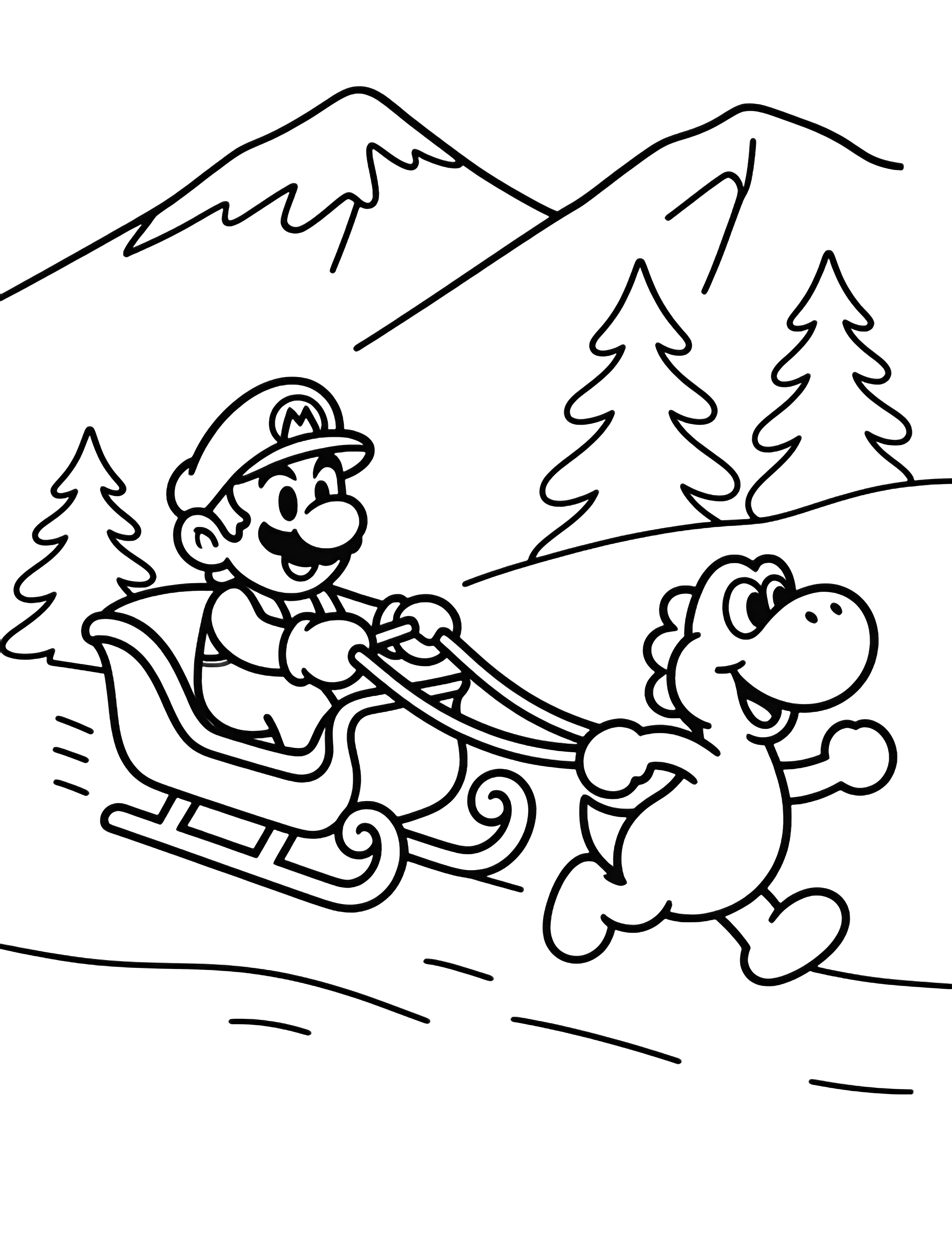 Luigi in a sleigh, Yoshi pulling through snow, distant peaks and pines behind. kleurplaat