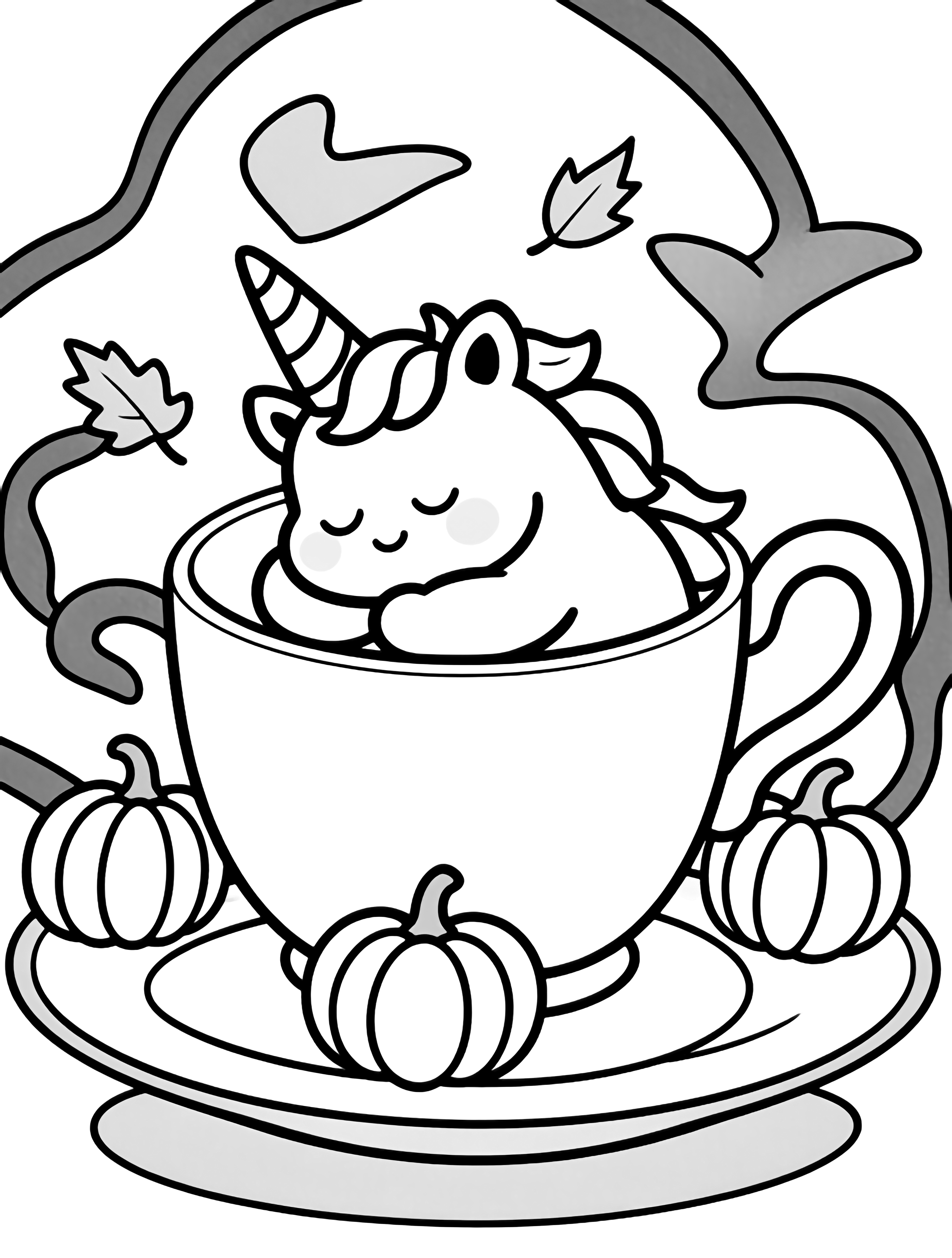 A chubby baby unicorn naps inside a large teacup, encircled by pumpkins, with drifting leaves overhead. kleurplaat