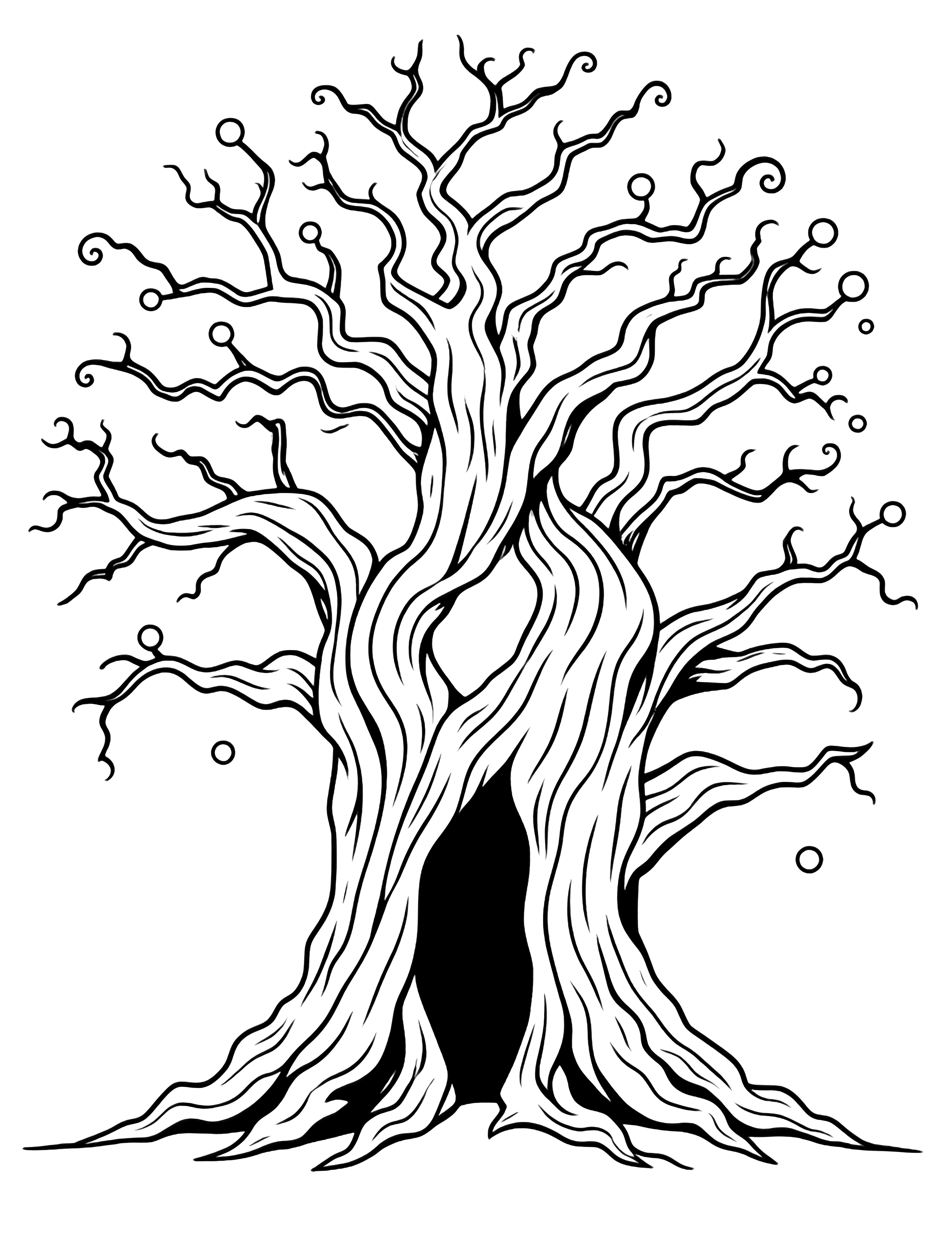 A giant gnarled tree with a hollow doorway, surrounded by floating empty circles and simple swirling lines suggesting magic. kleurplaat