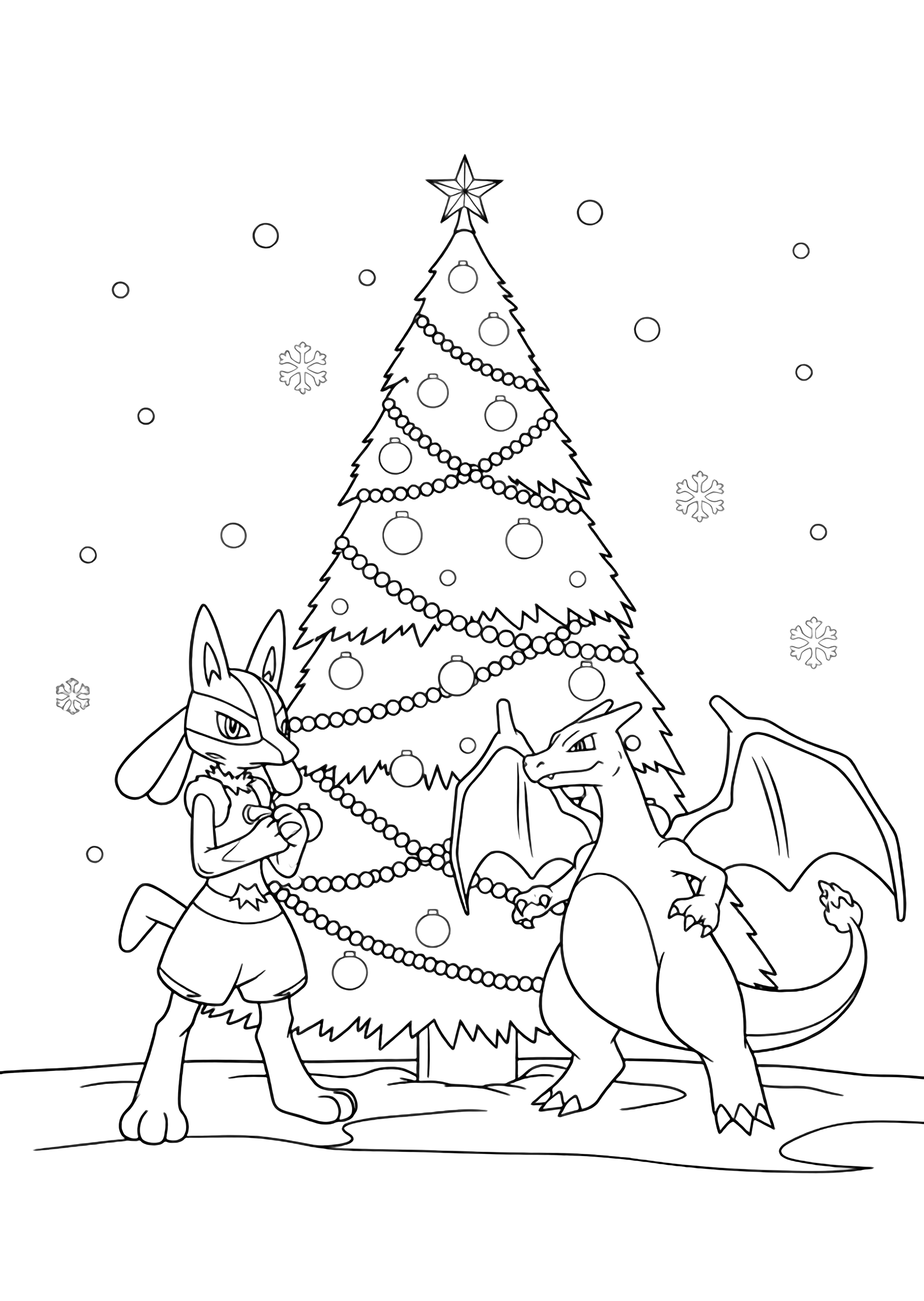 Lucario and Charizard flank a towering Christmas tree; paws folded, wings spread, snowflakes swirl among hanging ornaments and a star topper above a simple ground line. kleurplaat