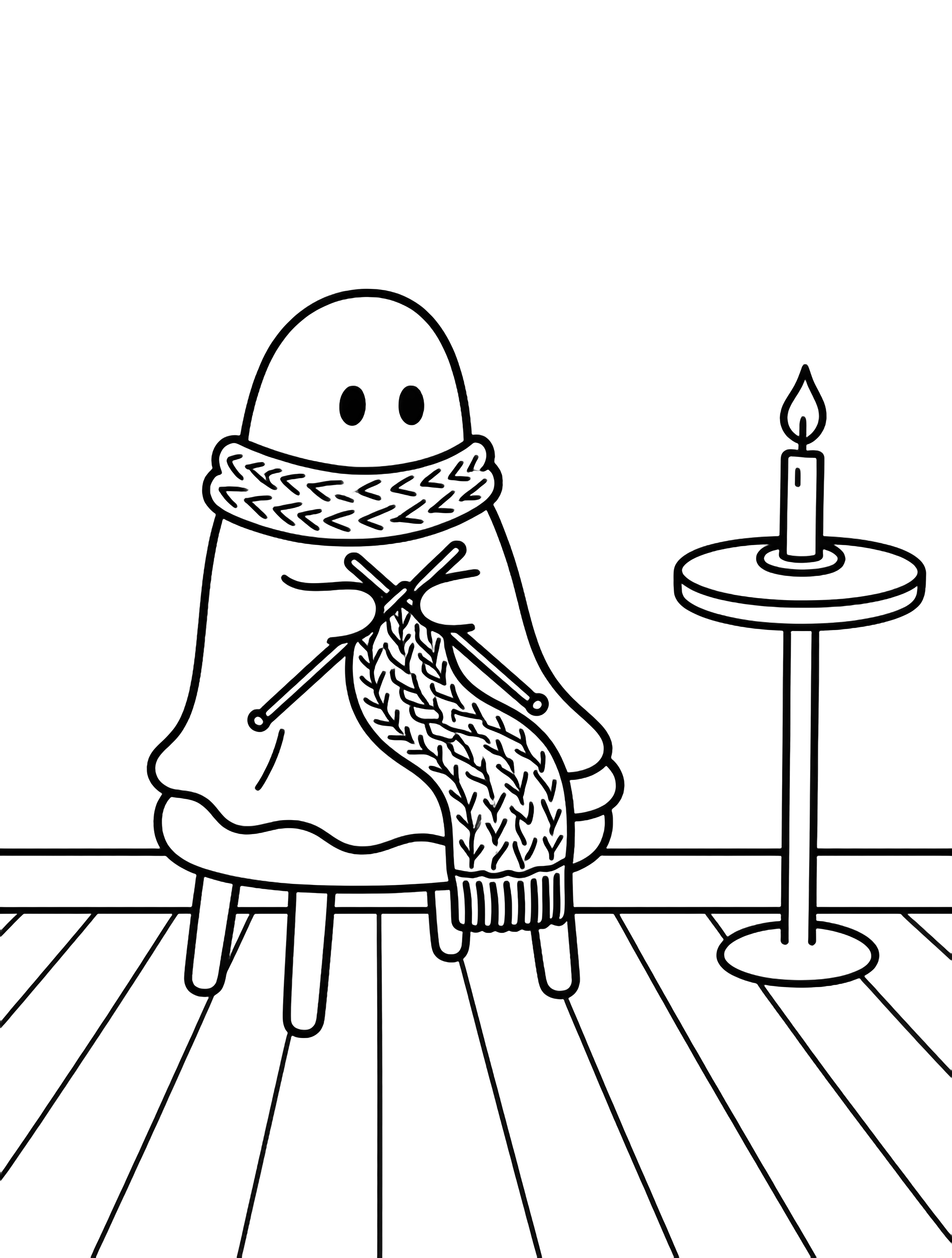 Tiny ghost on a stool knitting a long scarf; candle on a side table glows beside bare floorboards and wall. kleurplaat