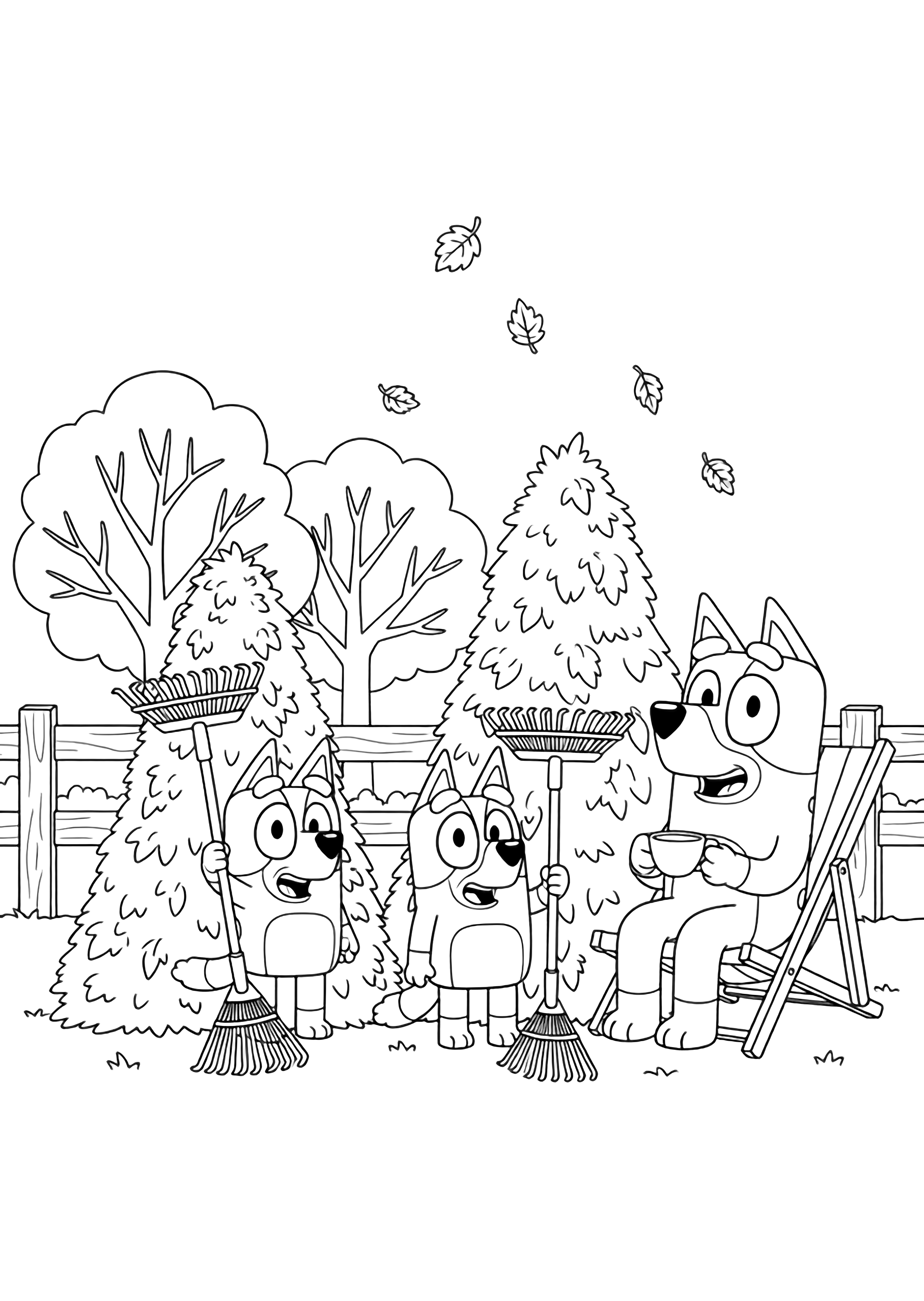 Bluey and Bingo stand with rakes beside tall leaf piles; Bandit relaxes in a deck chair holding a teacup, smiling, as leaves drift past a fence and two trees. kleurplaat