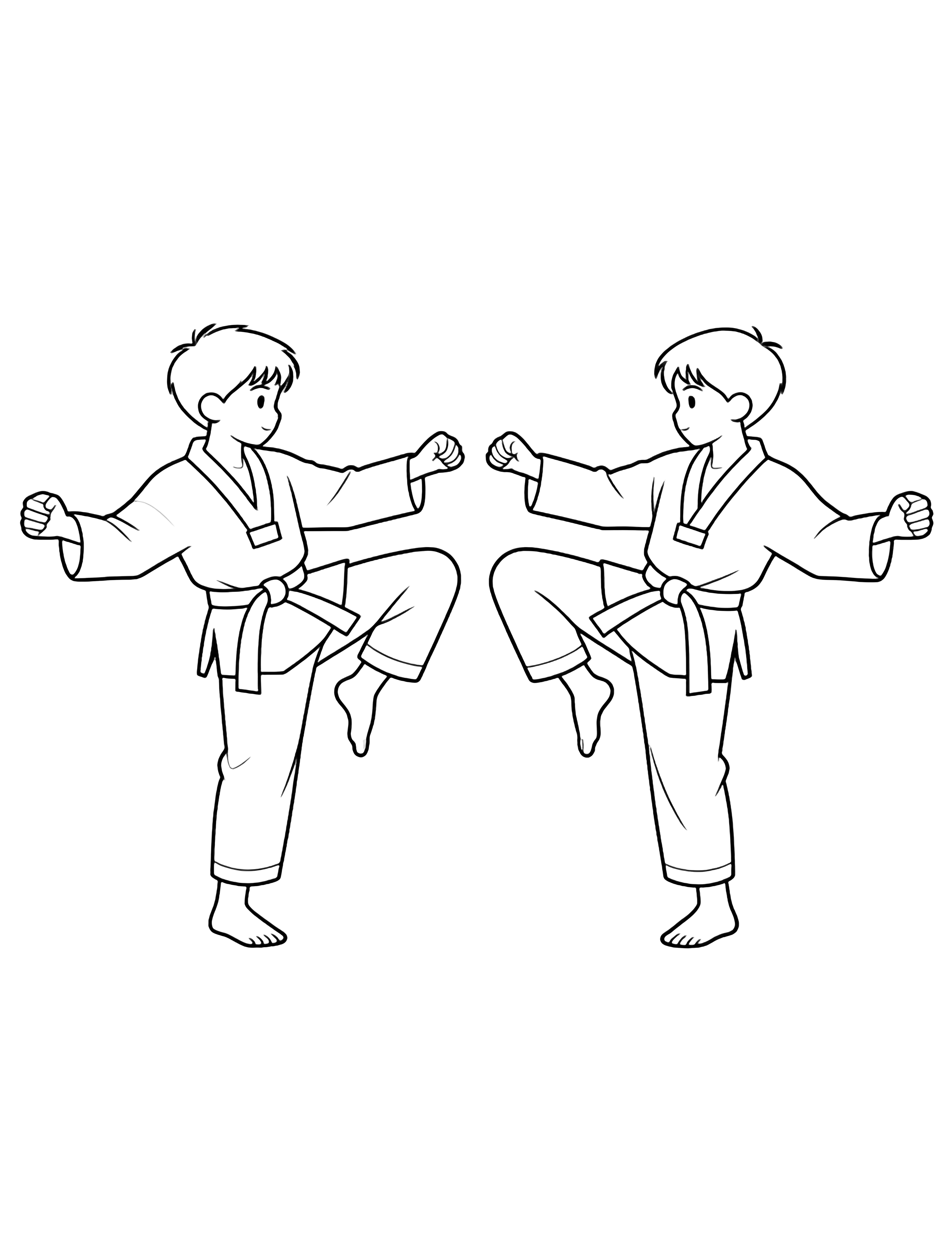 Two young taekwondo students in doboks and black belts face off mid-kick, arms extended, legs high, motion lines hinting at movement. kleurplaat
