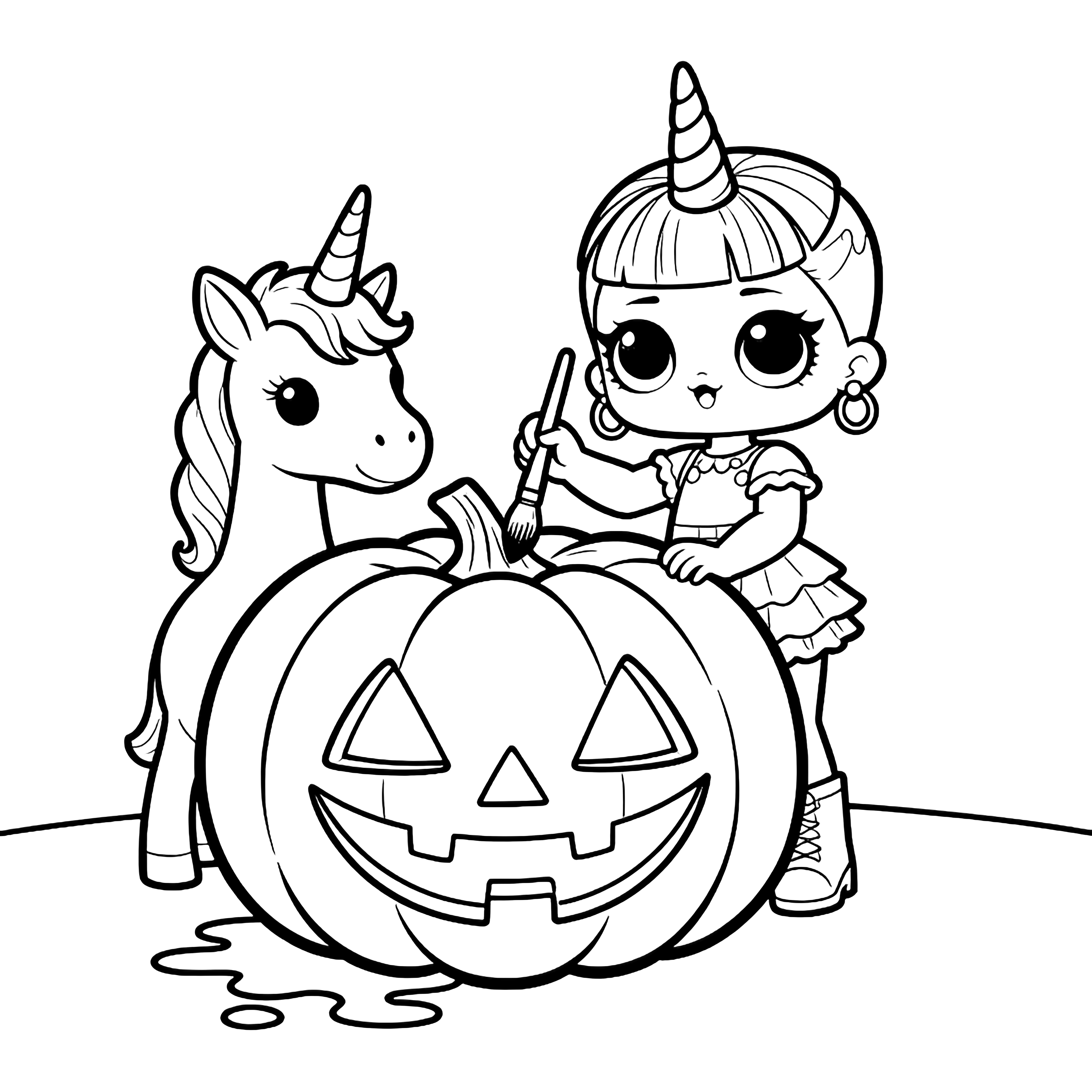 A doll with a unicorn horn and a unicorn paint a smiling pumpkin together, brushes and splashes flying, tiny stars sparkling around them. kleurplaat