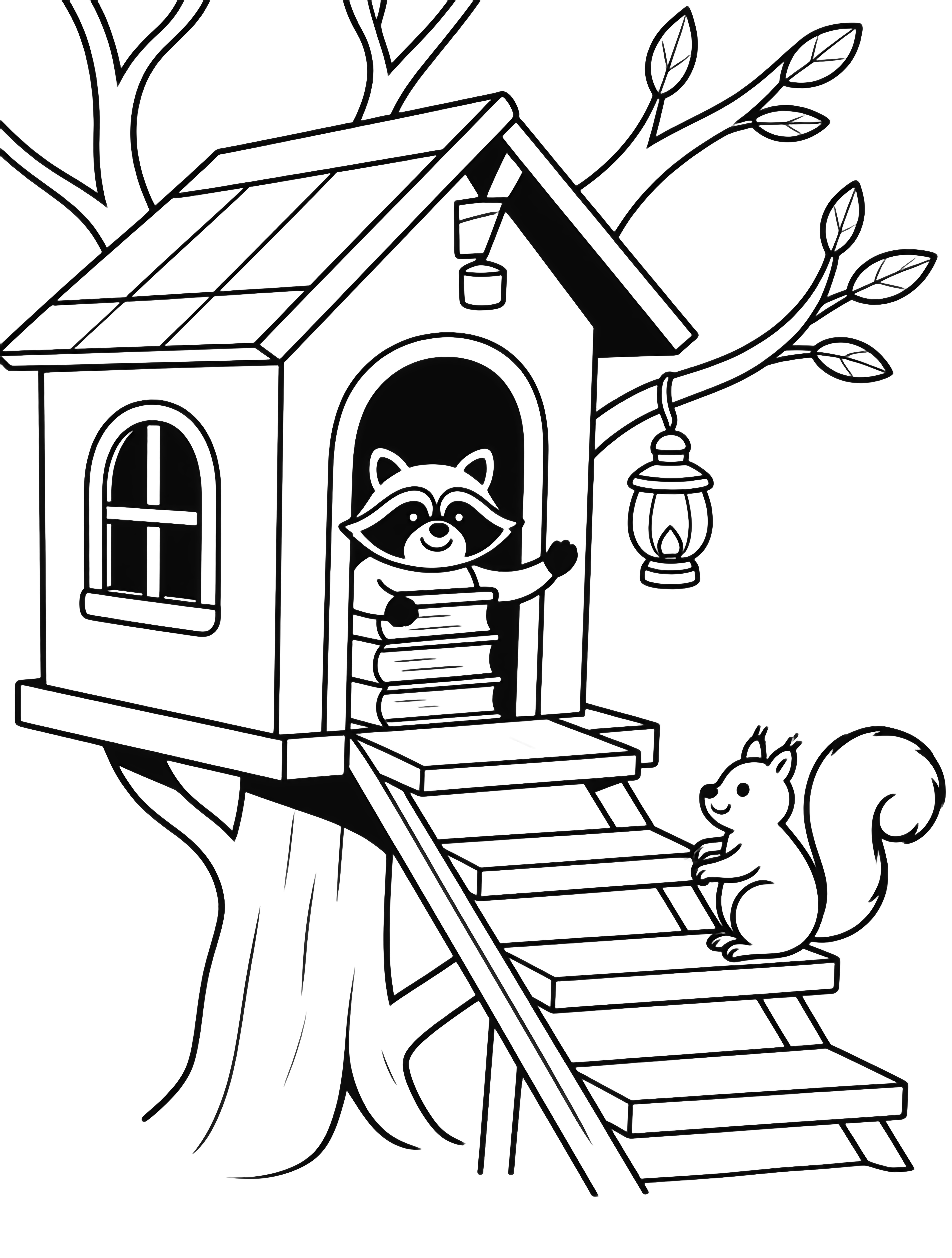 A treehouse in leafy branches, open door revealing stacked books and hanging lanterns; a raccoon and squirrel smile on wide plank steps. kleurplaat