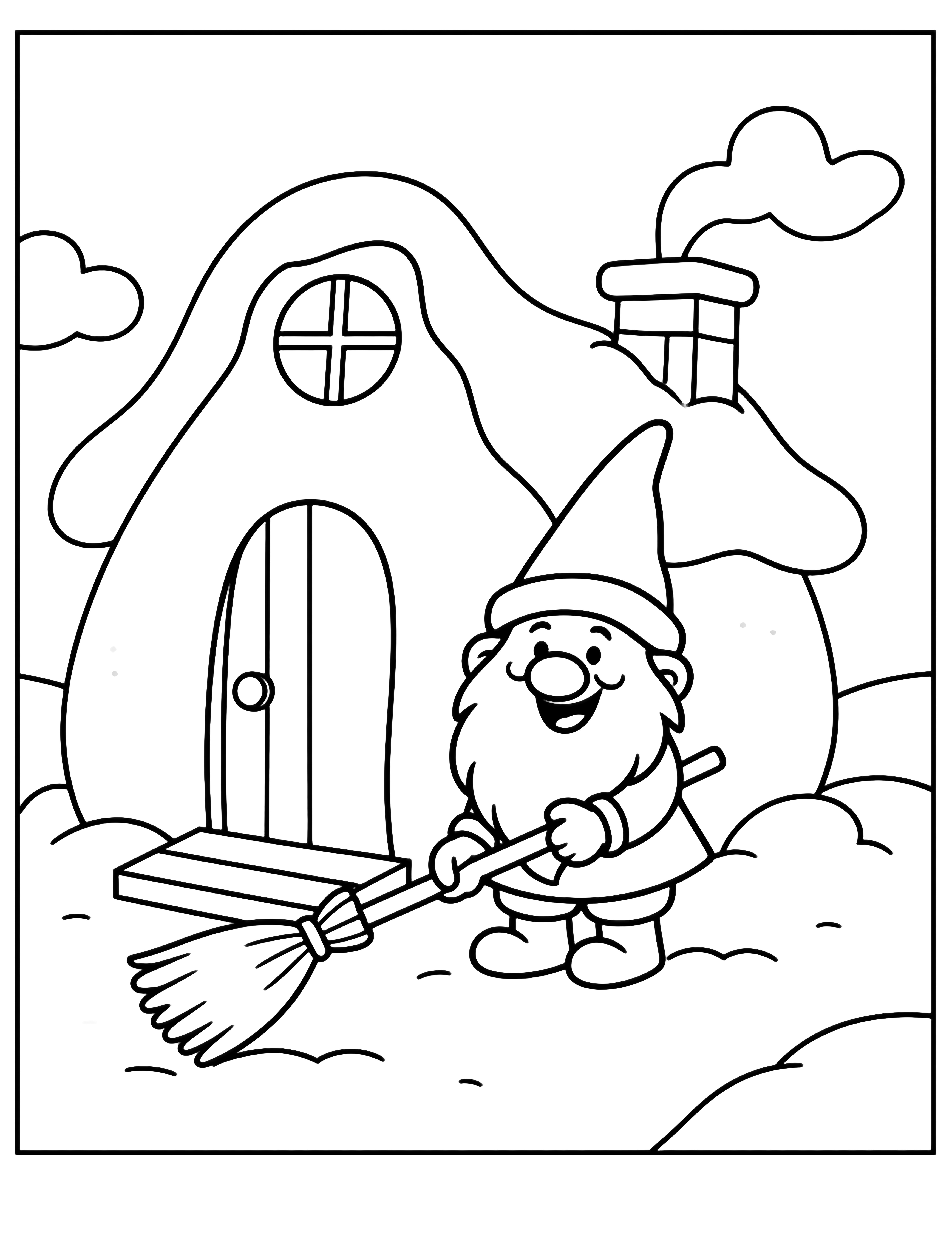 A cheerful gnome in a tall hat sweeps snow from his round cottage doorstep while flakes drift past a crooked chimney. kleurplaat