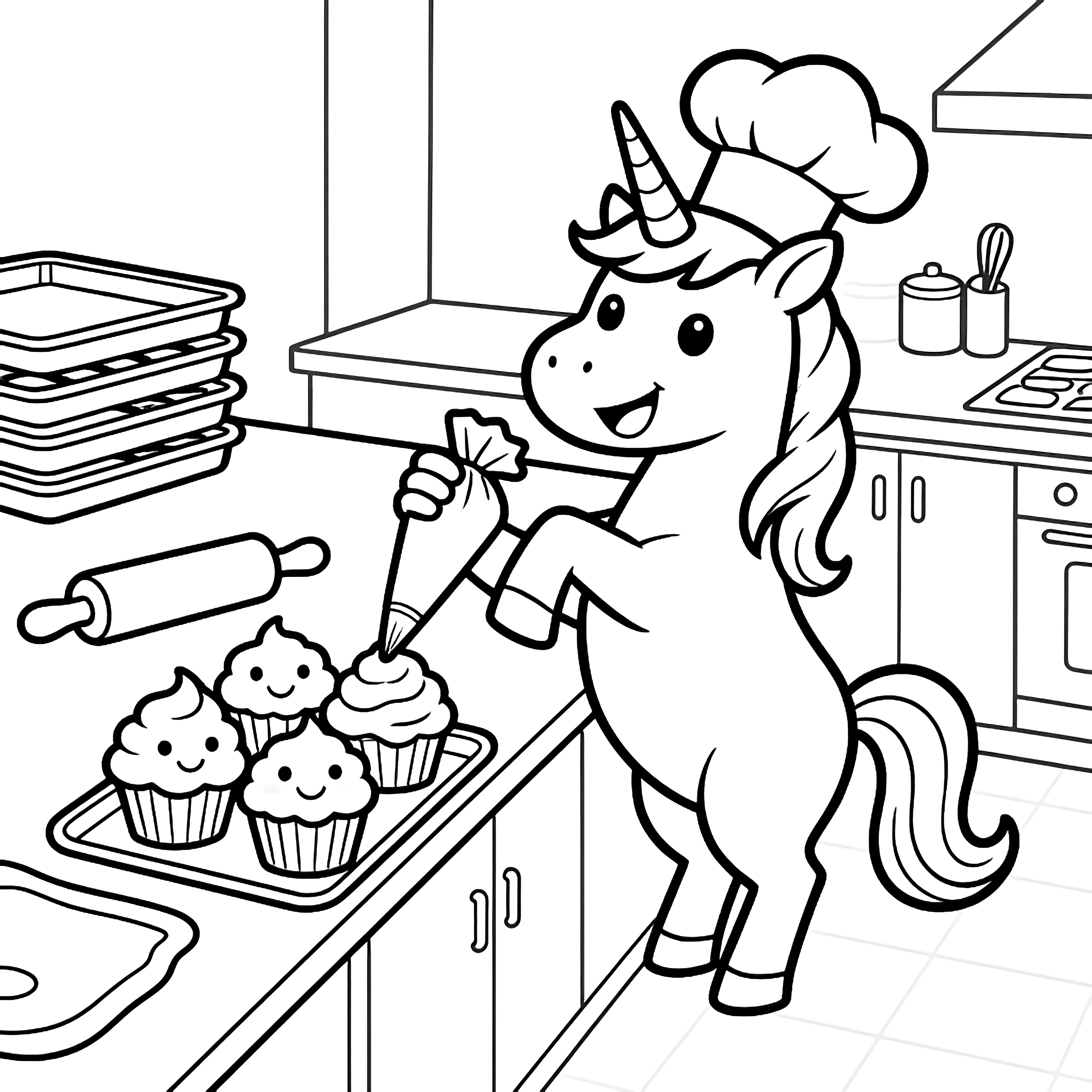 Een vrolijke eenhoorn met een koksmuts staat bij een keukenblad cupcakes te versieren, omringd door keukengerei, een deegroller en bakplaten. kleurplaat