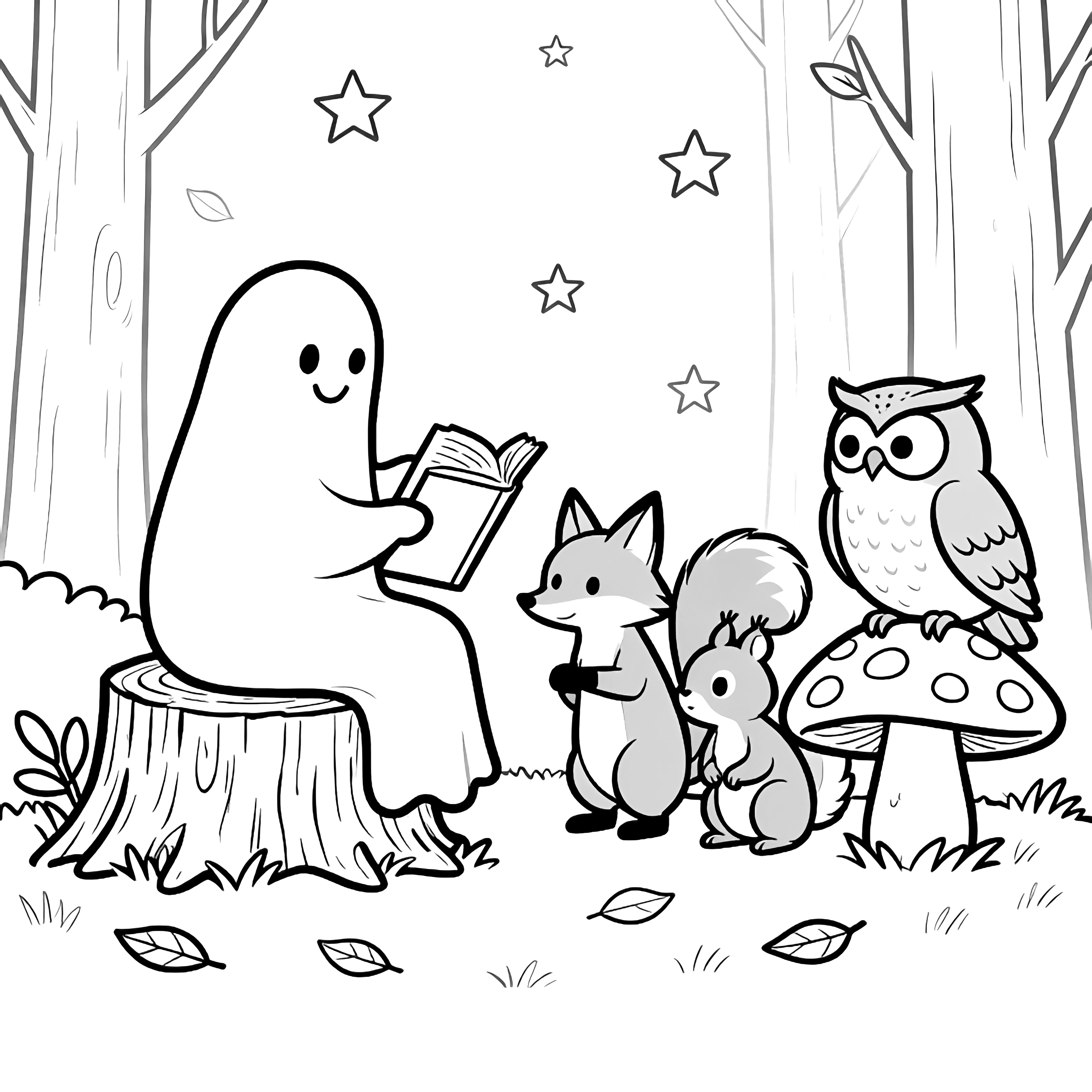 A cheerful ghost on a tree-stump shows a book to a fox, squirrel, and owl beside a mushroom, with stars and leaves around them. kleurplaat
