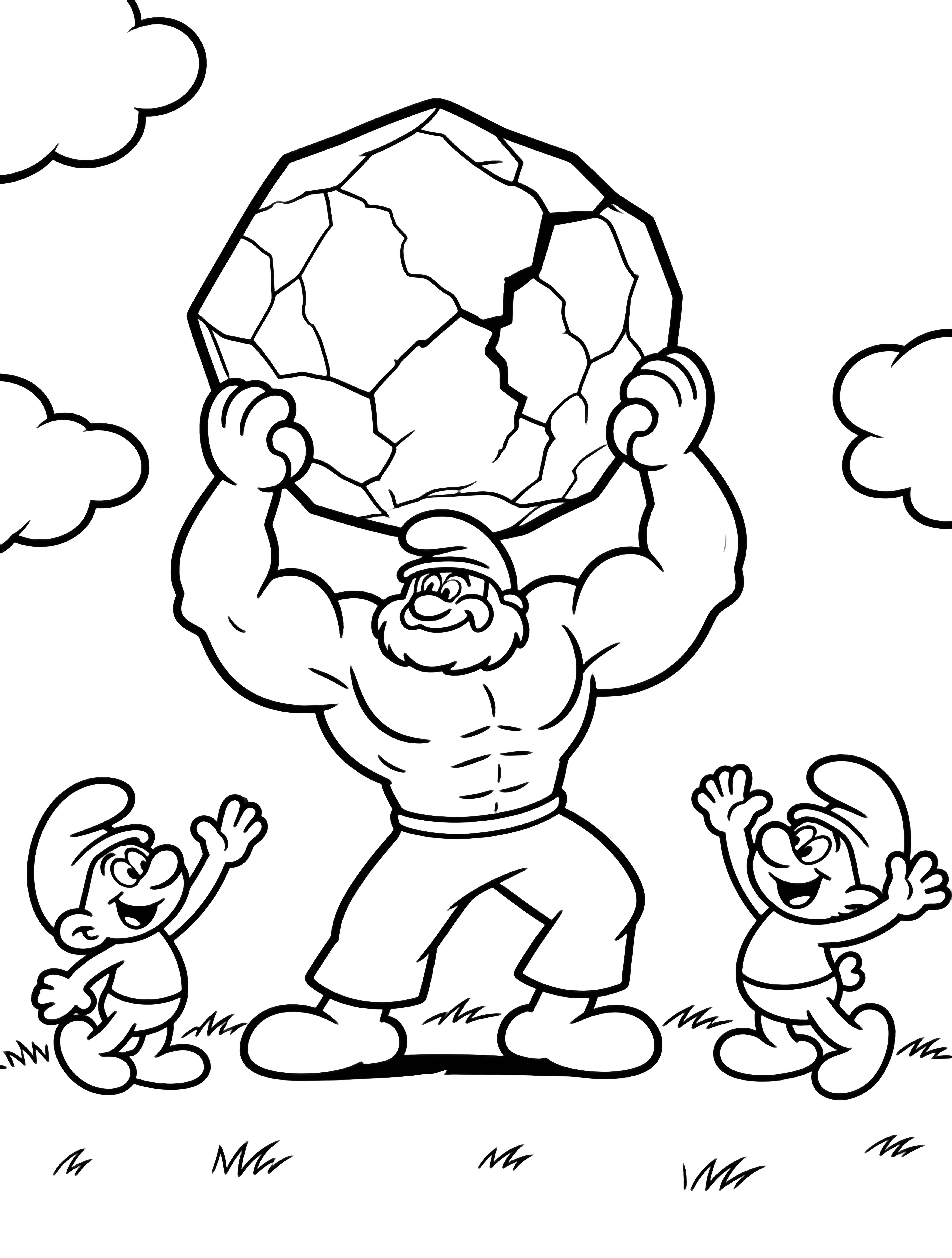 Hefty Smurf flexes while lifting a cracked boulder overhead; tiny Smurfs cheer beside him on grass beneath puffy clouds. kleurplaat