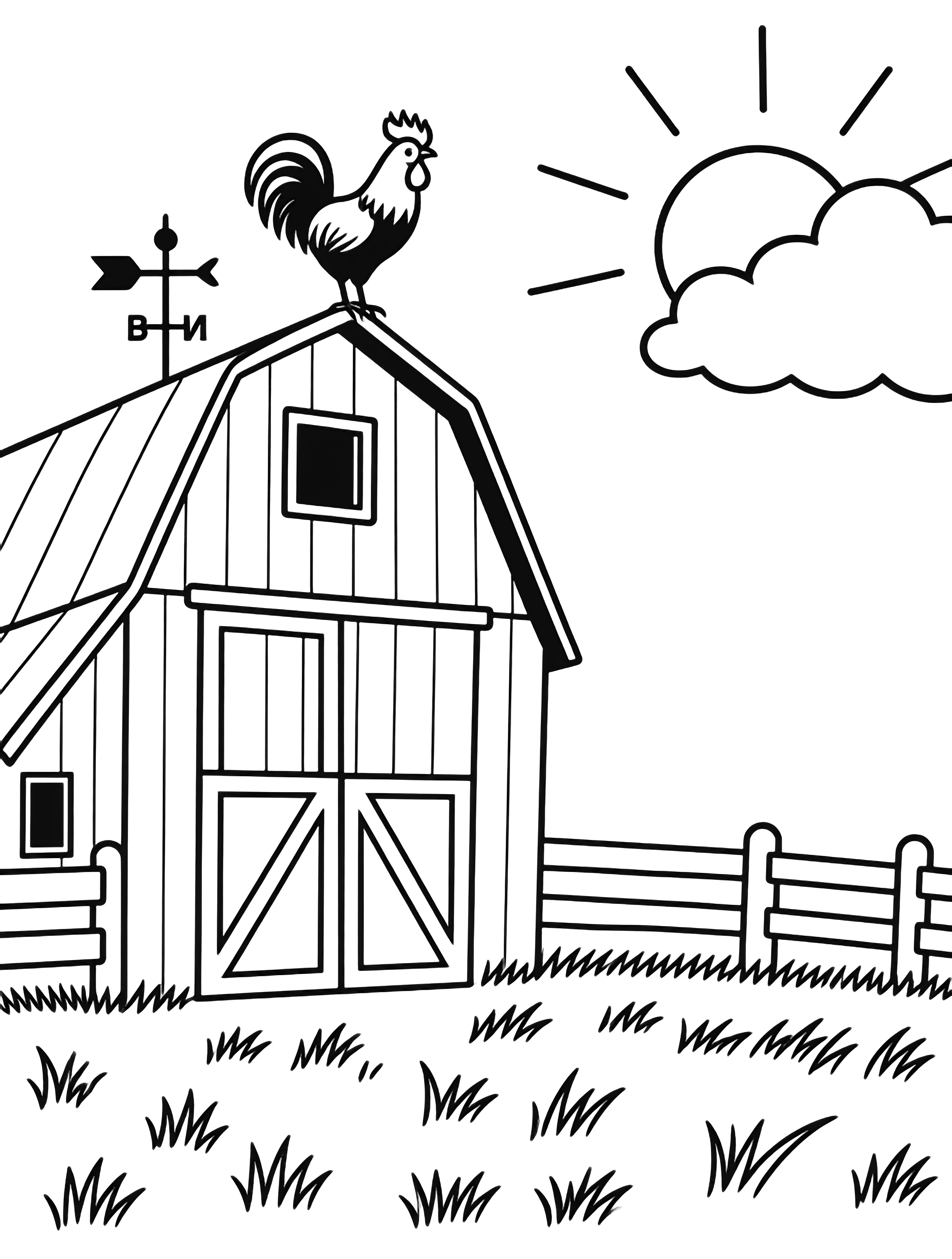 A big barn with wide doors and tall roof, rooster on weather vane, simple fence, rising sun behind fluffy clouds, light grass line ground kleurplaat