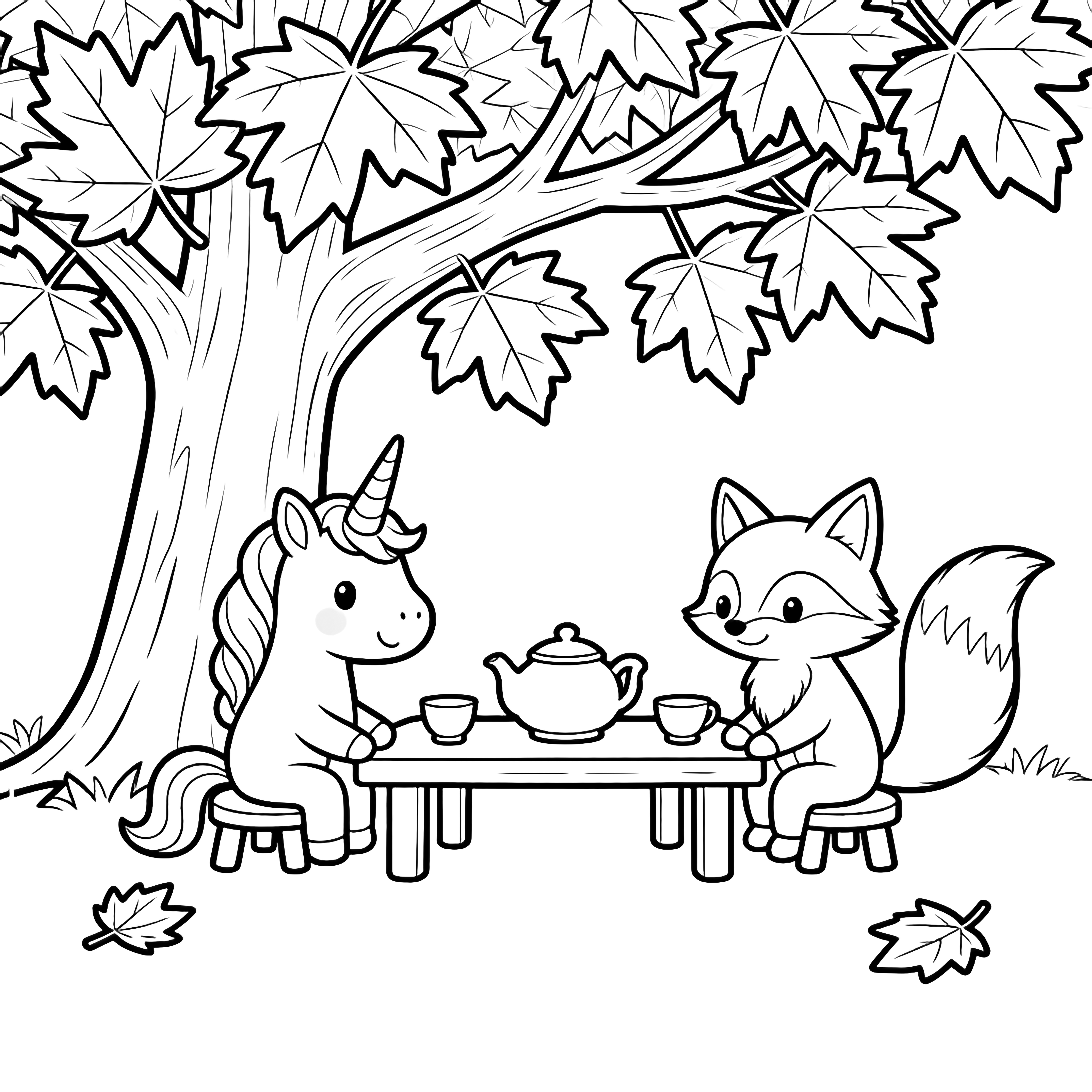 A smiling unicorn and a bushy-tailed fox share tea at a low table beneath a big maple tree, surrounded by large leaves and a few fallen ones. kleurplaat