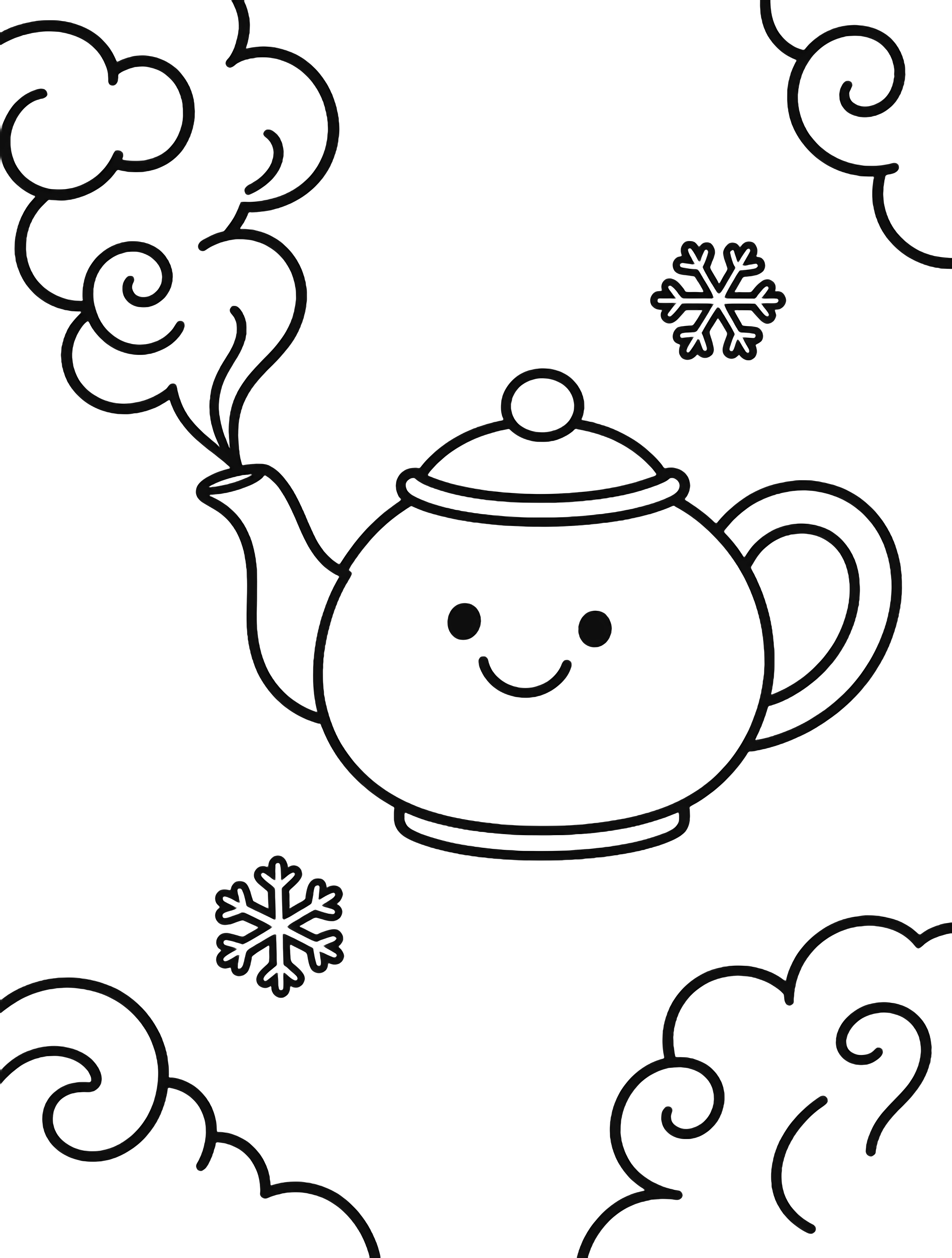 Een glimlachende theepot heft zijn tuit terwijl acht kleine sneeuwvlokjes rond poederige stoomwervels dwarrelen. kleurplaat