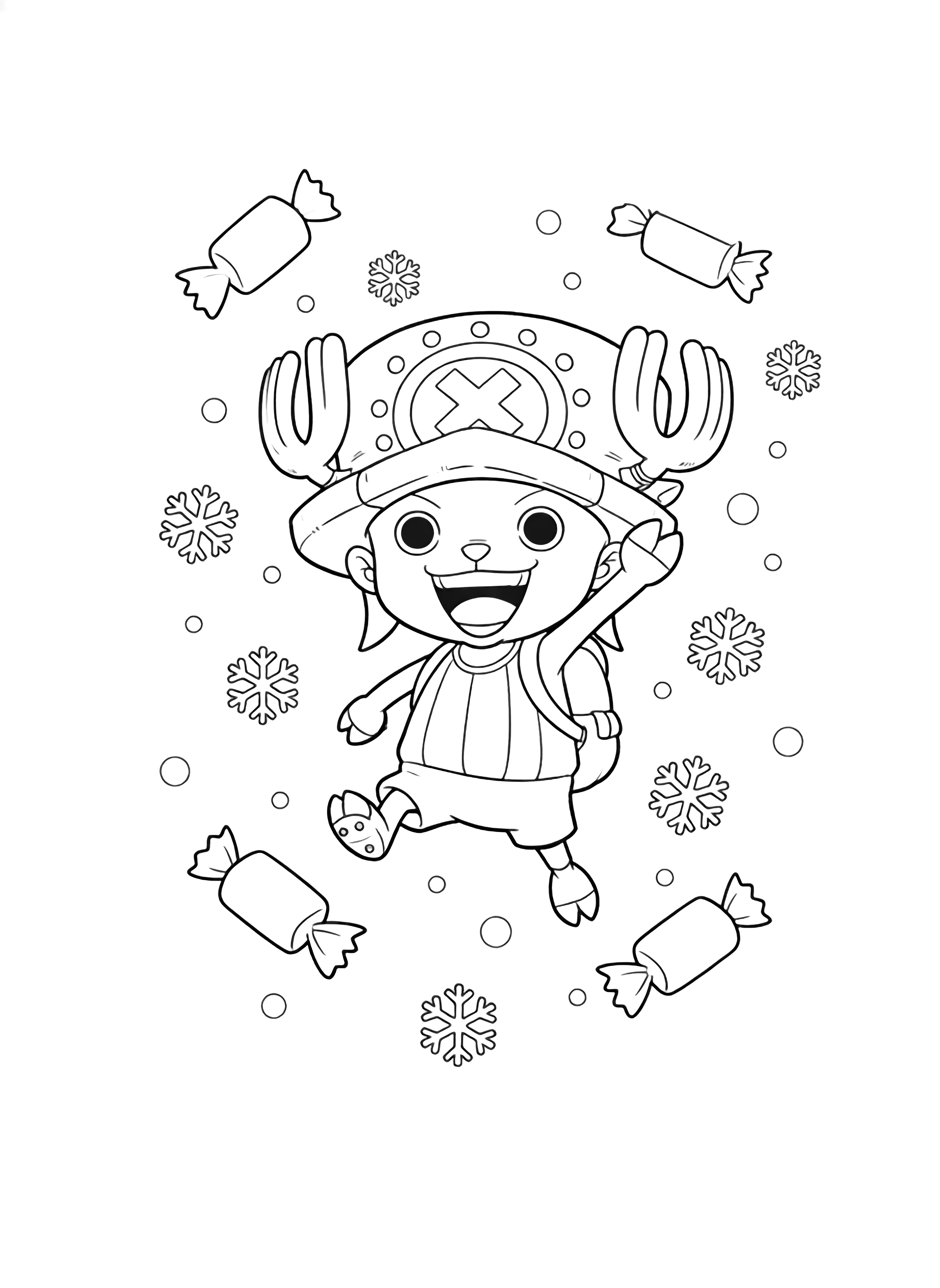 Chopper waves cheerfully amid drifting snowflakes and wrapped candies. kleurplaat