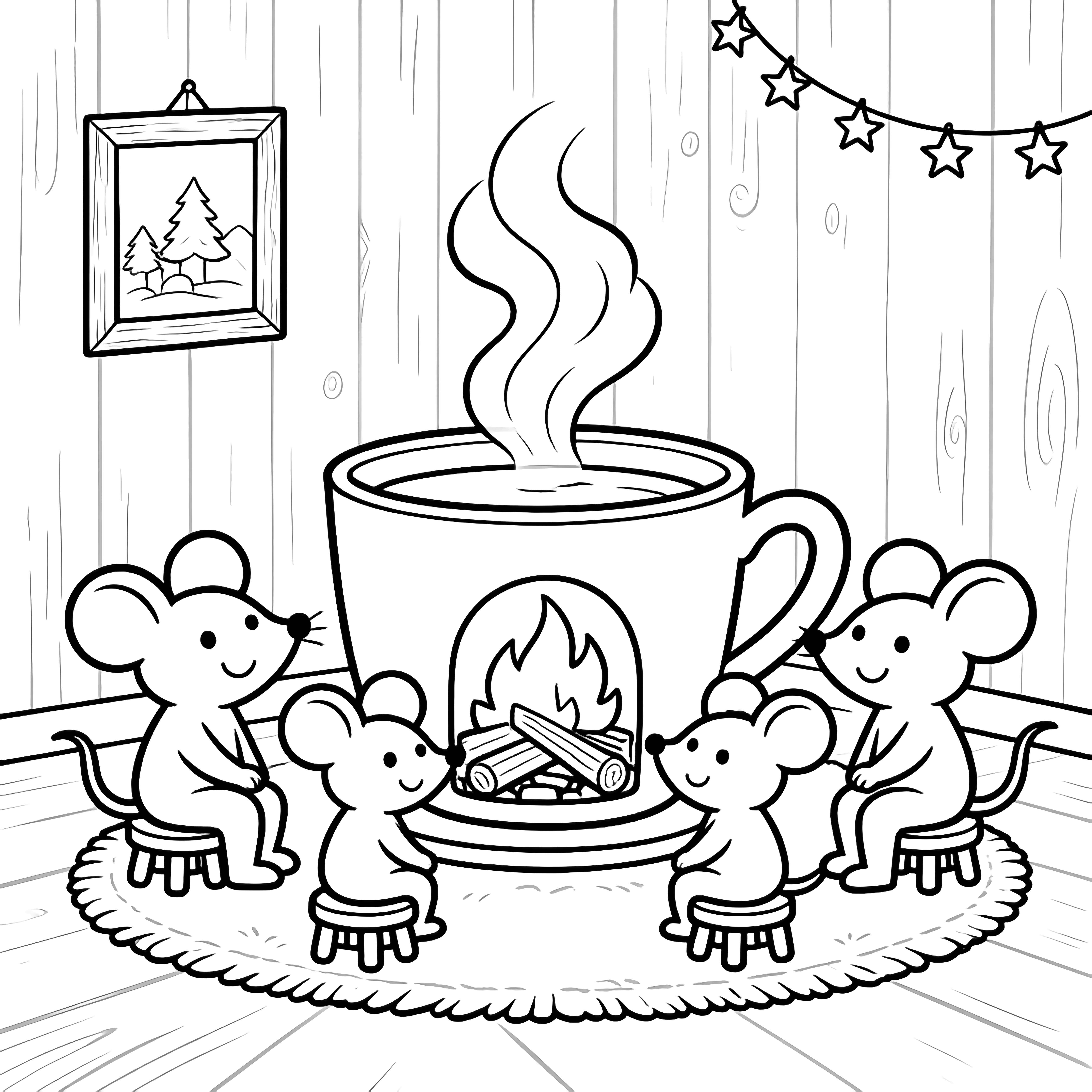 A smiling mouse family of four sits on tiny stools around a giant teacup fireplace; steam curls up inside simple wooden walls with one framed picture and a tiny star garland. kleurplaat