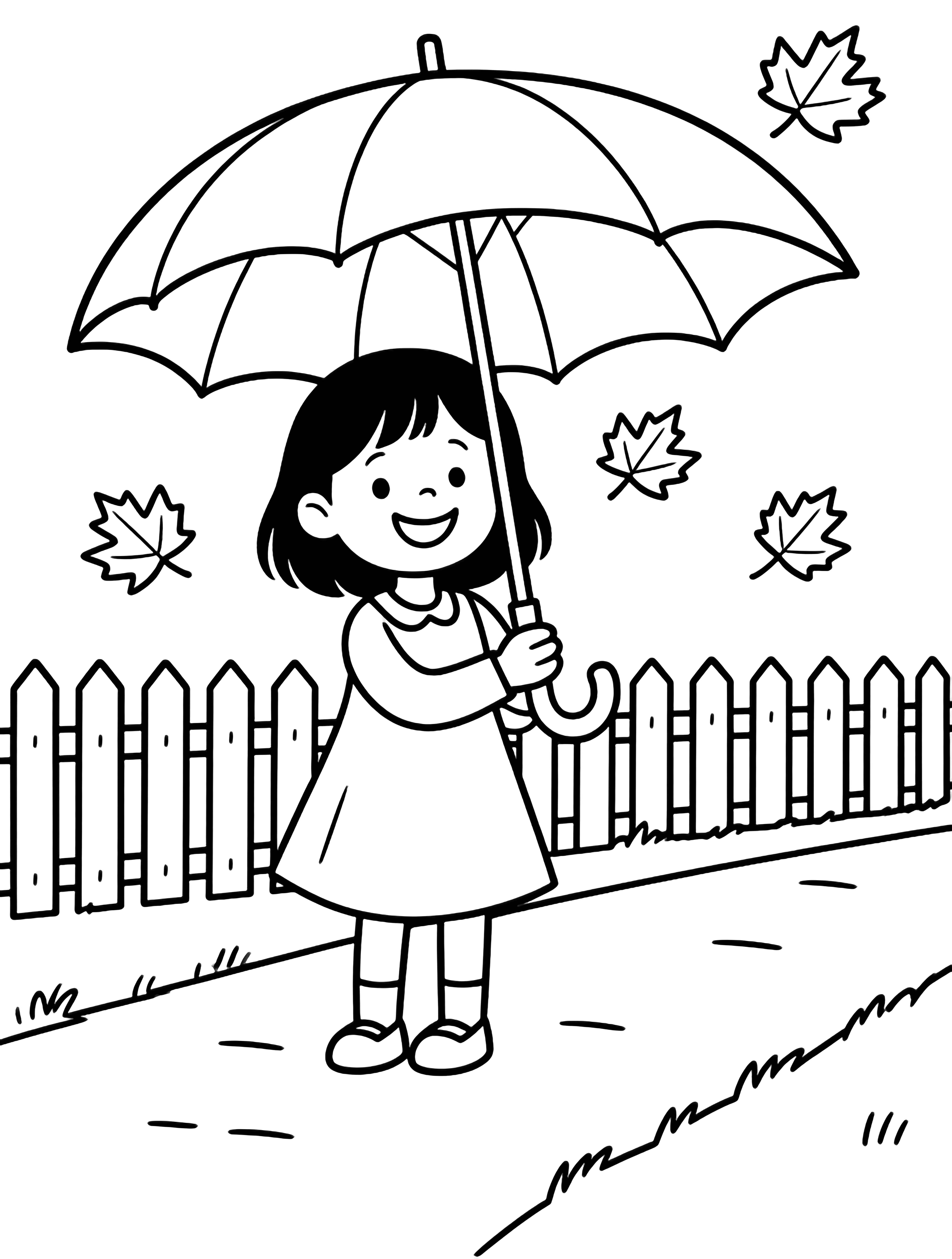 A smiling little girl under an umbrella, five maple leaves drifting around her, a low picket fence behind, a simple path beneath. kleurplaat