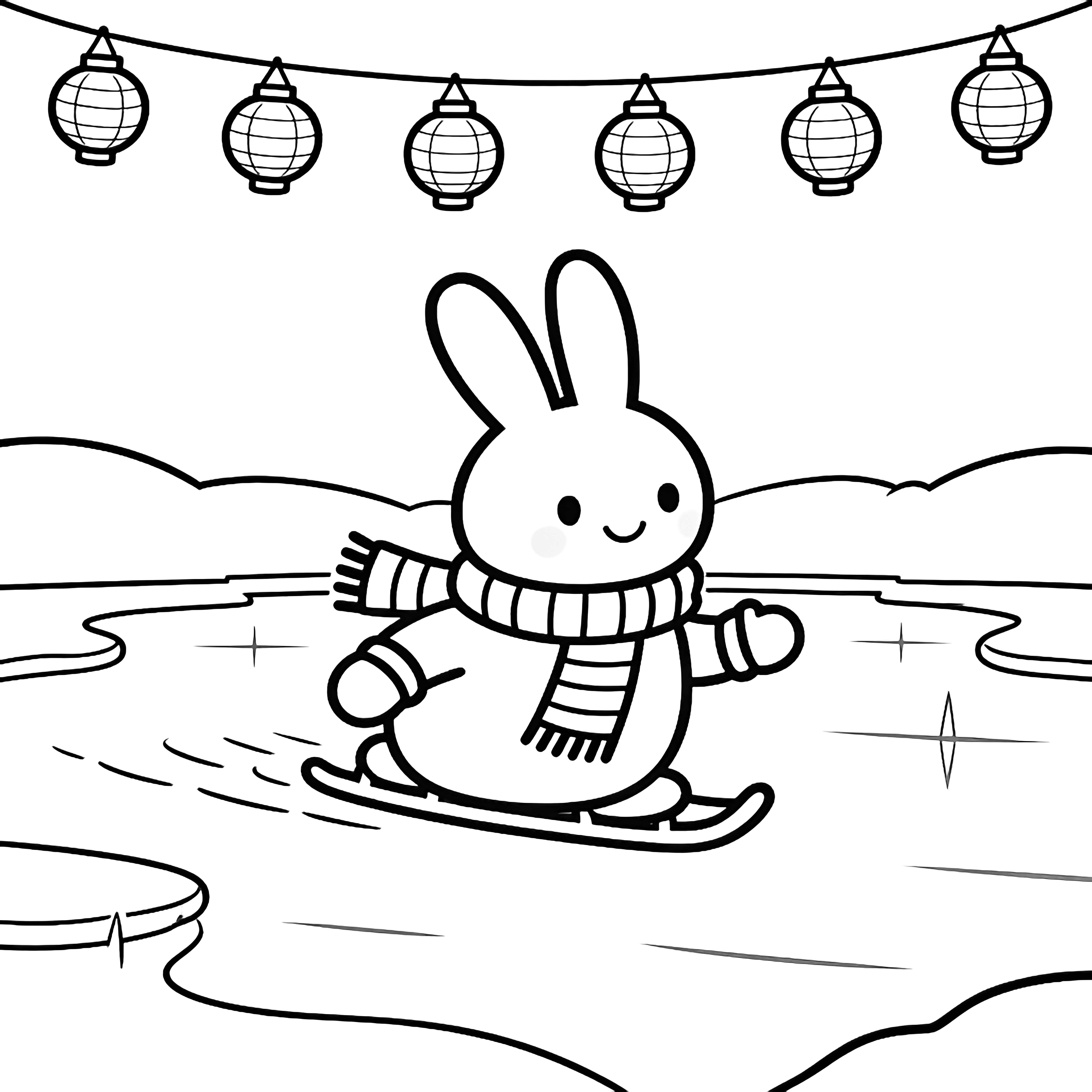 A smiling bunny glides on a frozen pond wearing a striped scarf and mittens; above, a neat row of simple hanging lanterns frames the scene with a few tiny stars dotting the sky. kleurplaat