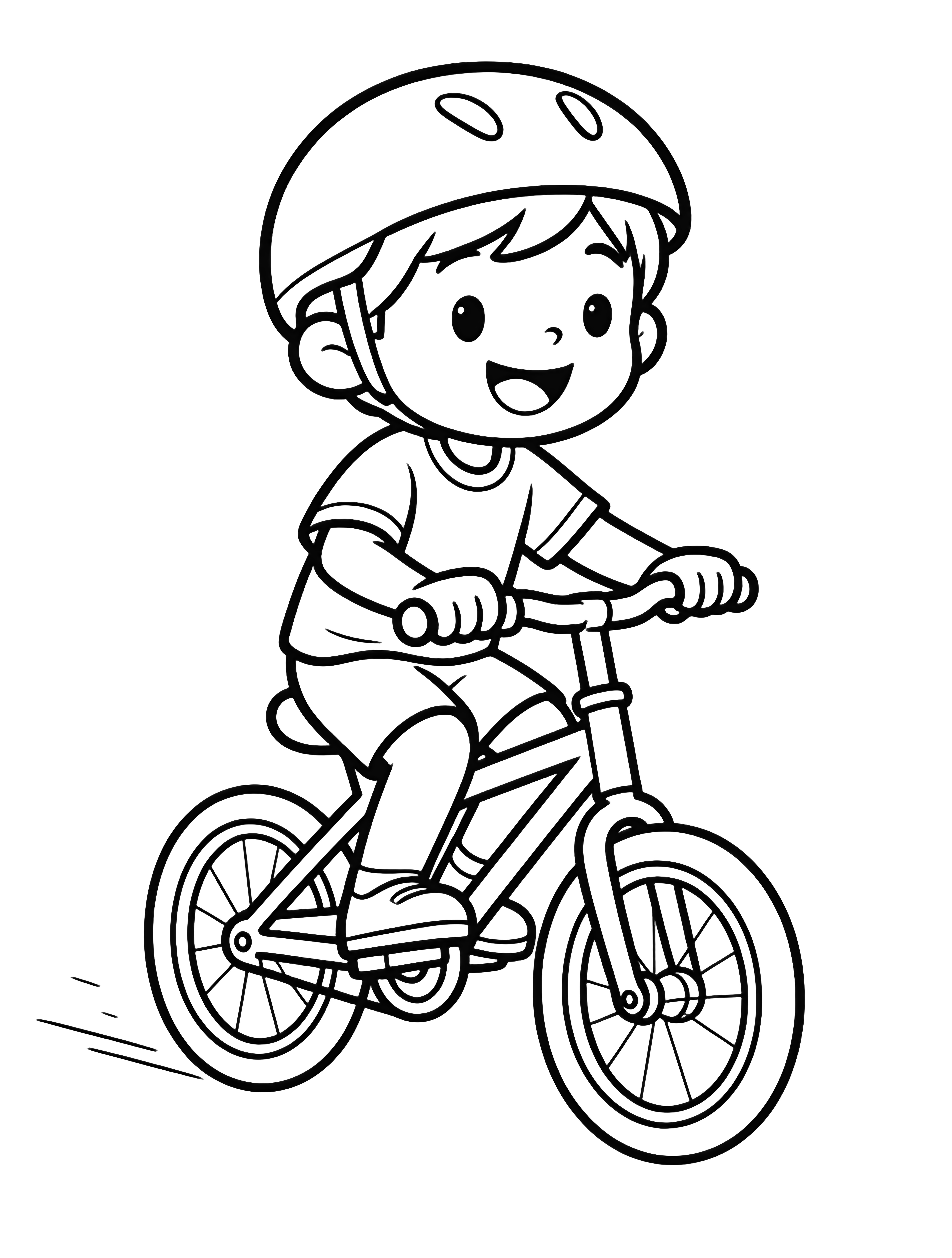 A smiling child wearing a round helmet pedals a bicycle, wheels spinning, posture joyful on an empty white page. kleurplaat