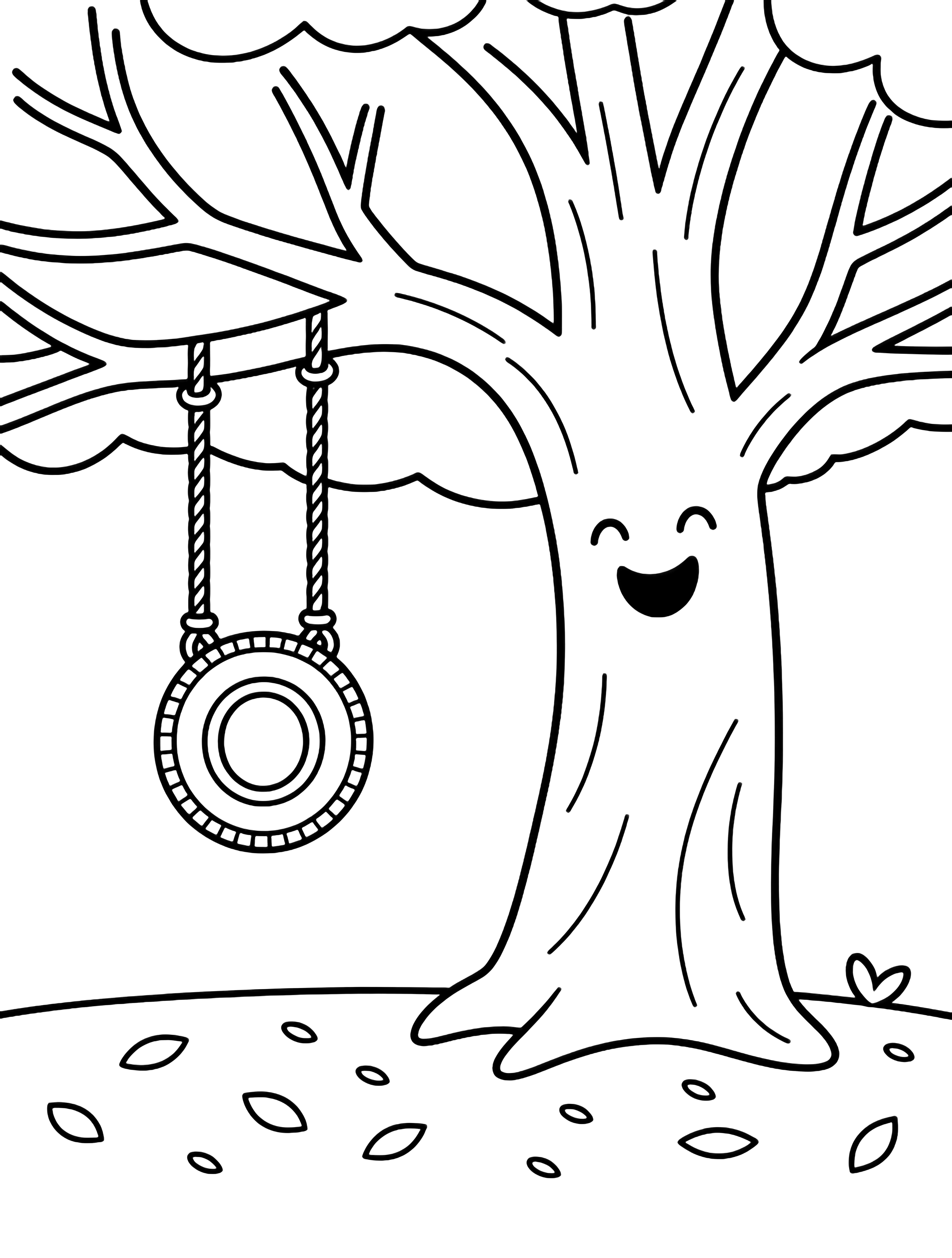 A cheerful tree with an empty tire swing, fallen leaves scattered on the ground beneath. kleurplaat