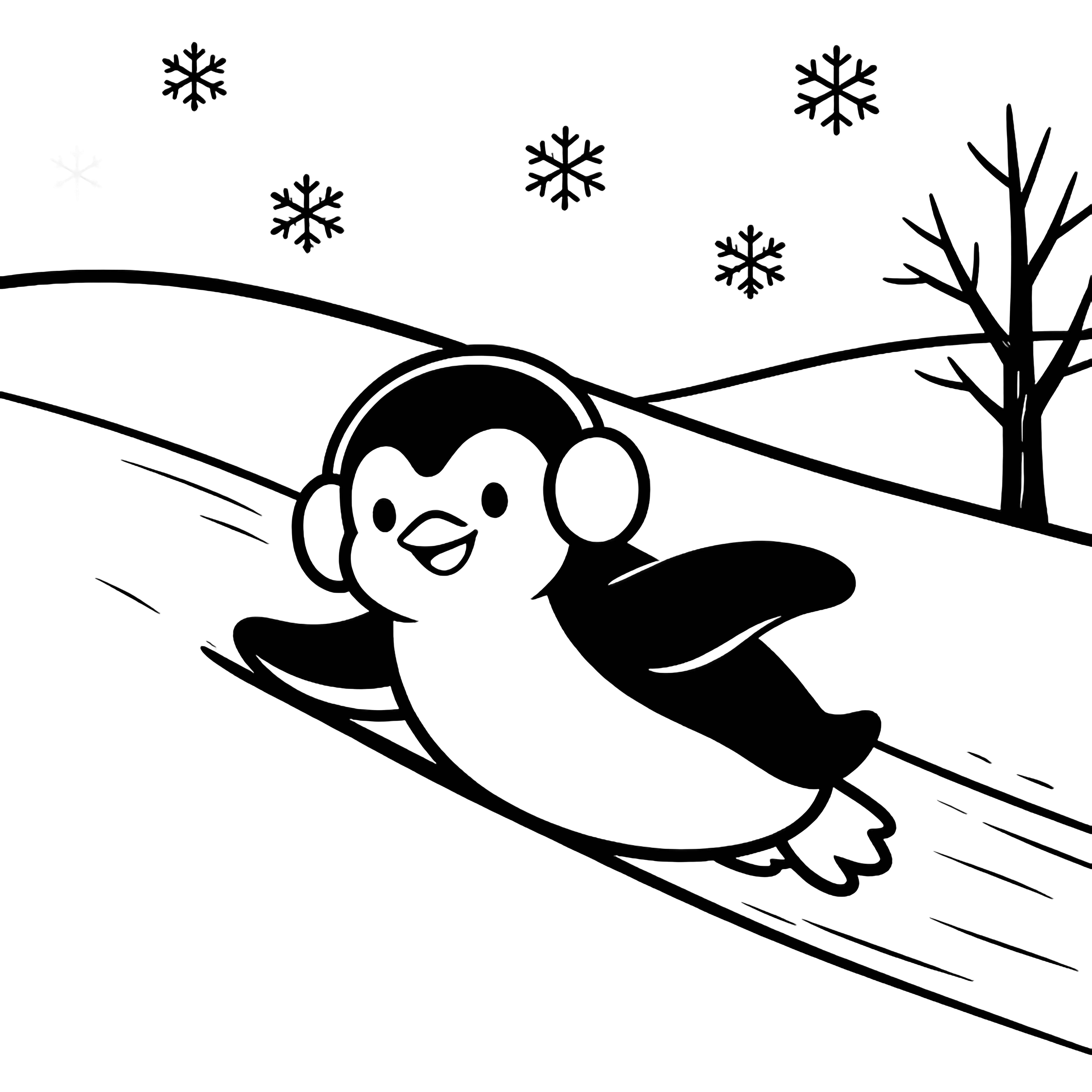 A cheerful penguin with round earmuffs belly-slides down a snowy slope; drifting snowflakes, gentle hills, and one bare tree fill the background. kleurplaat