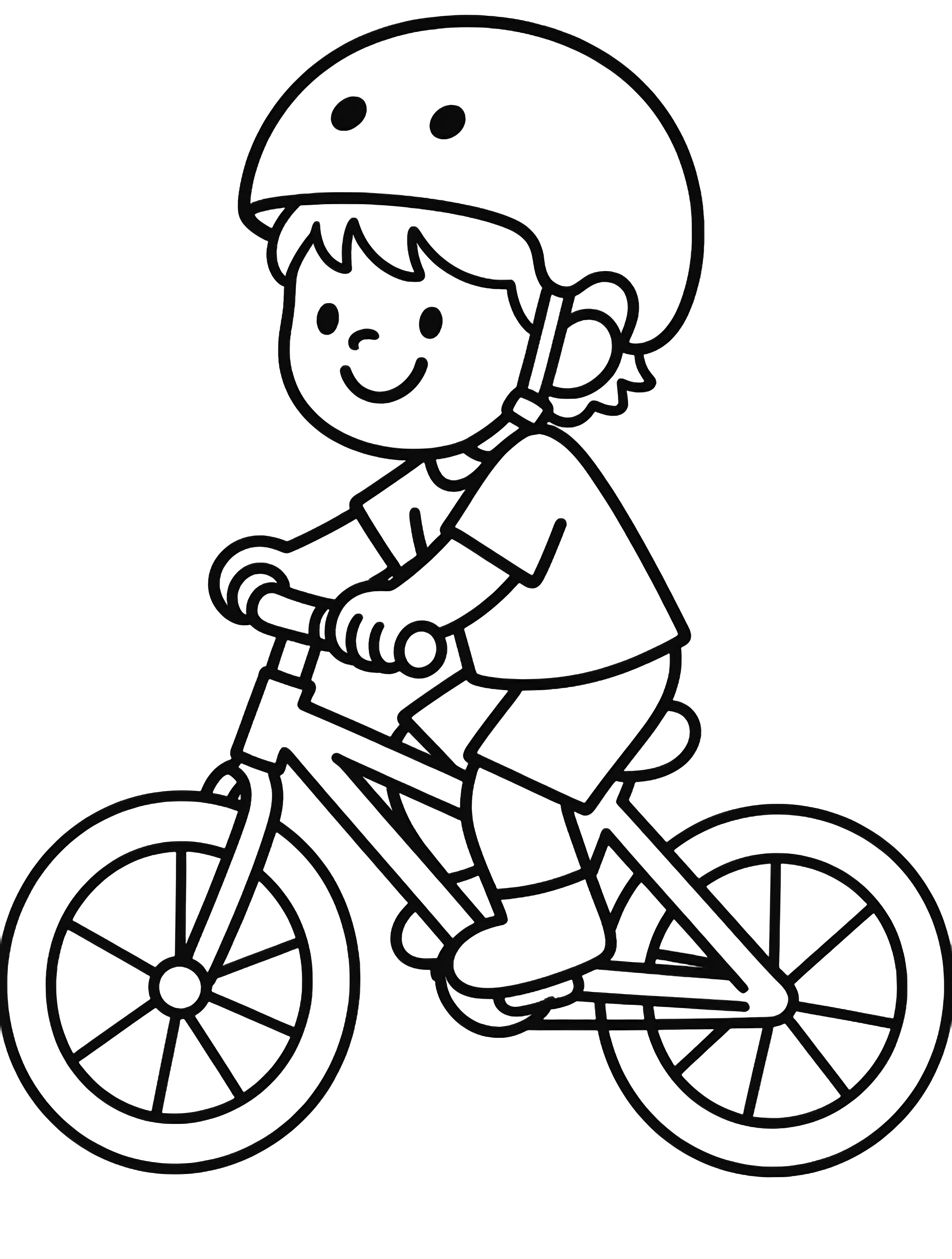 A smiling child in a round helmet pedals a bicycle, wheels spinning, posture joyful on an empty white page. kleurplaat