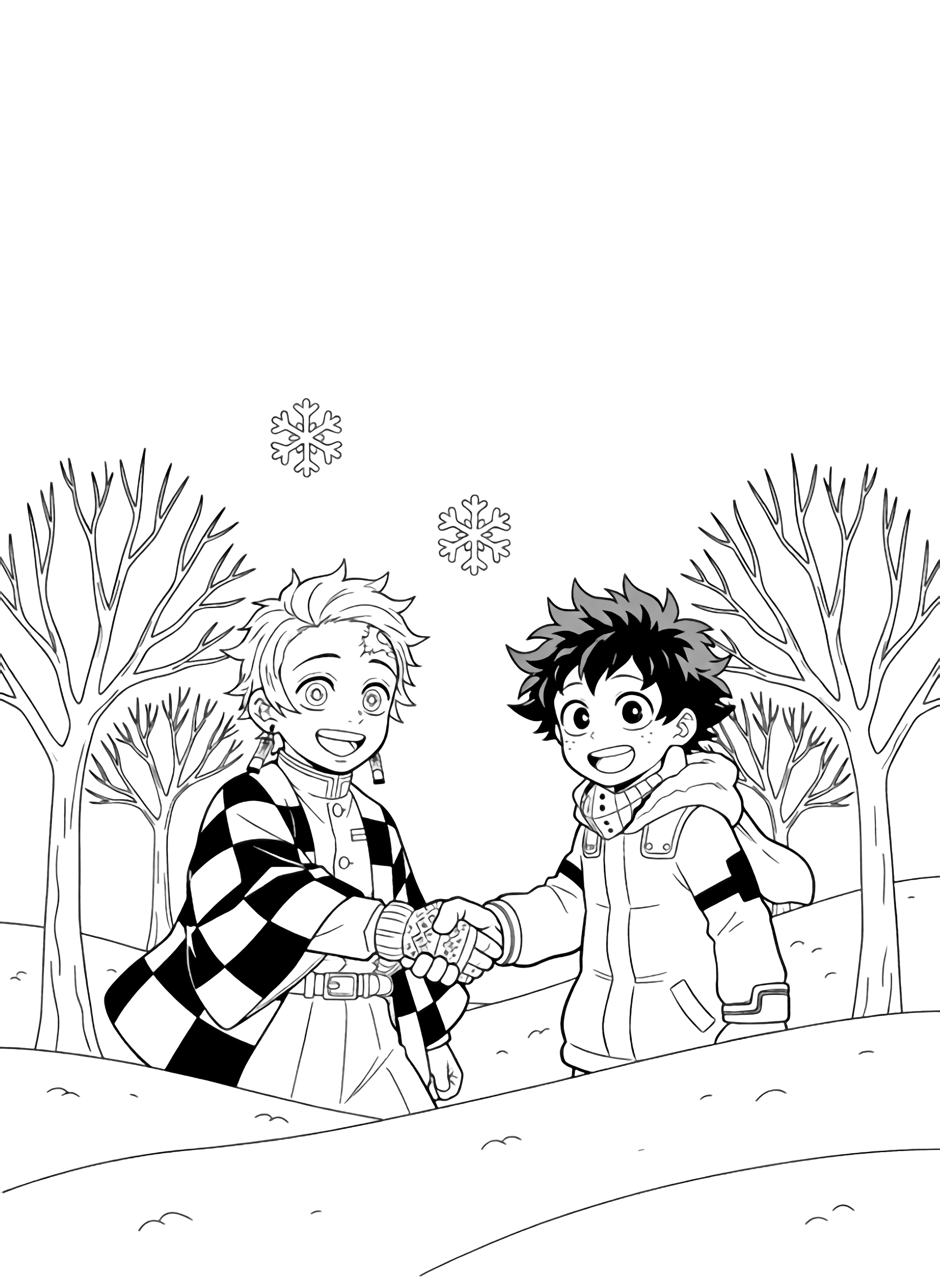 Tanjiro and Deku happily clasp hands amid swirling snowflakes, smiling between bare winter trees on soft snowy ground. kleurplaat