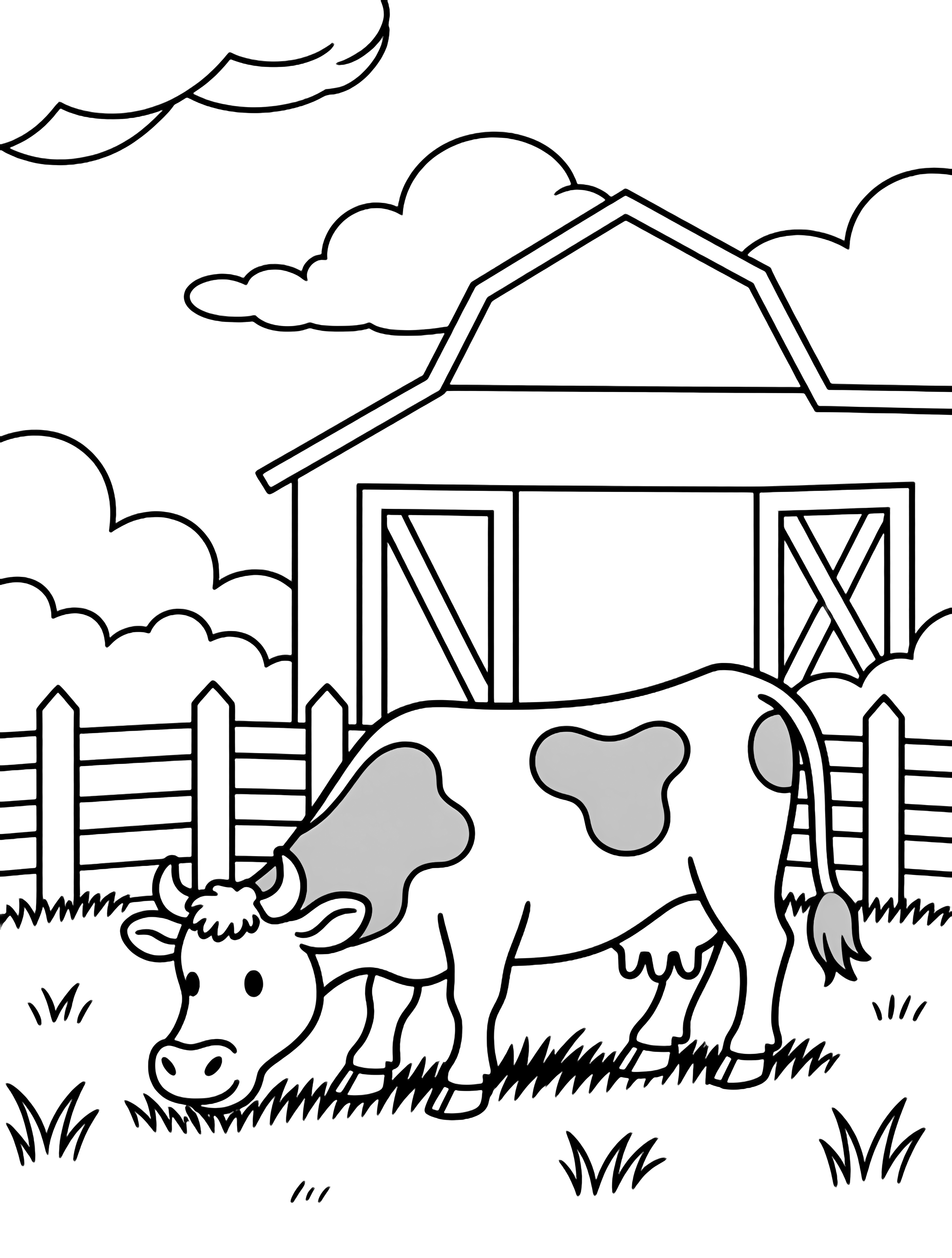 A happy cow grazes in a meadow in front of a barn with open doors, fence posts, and fluffy clouds overhead. kleurplaat