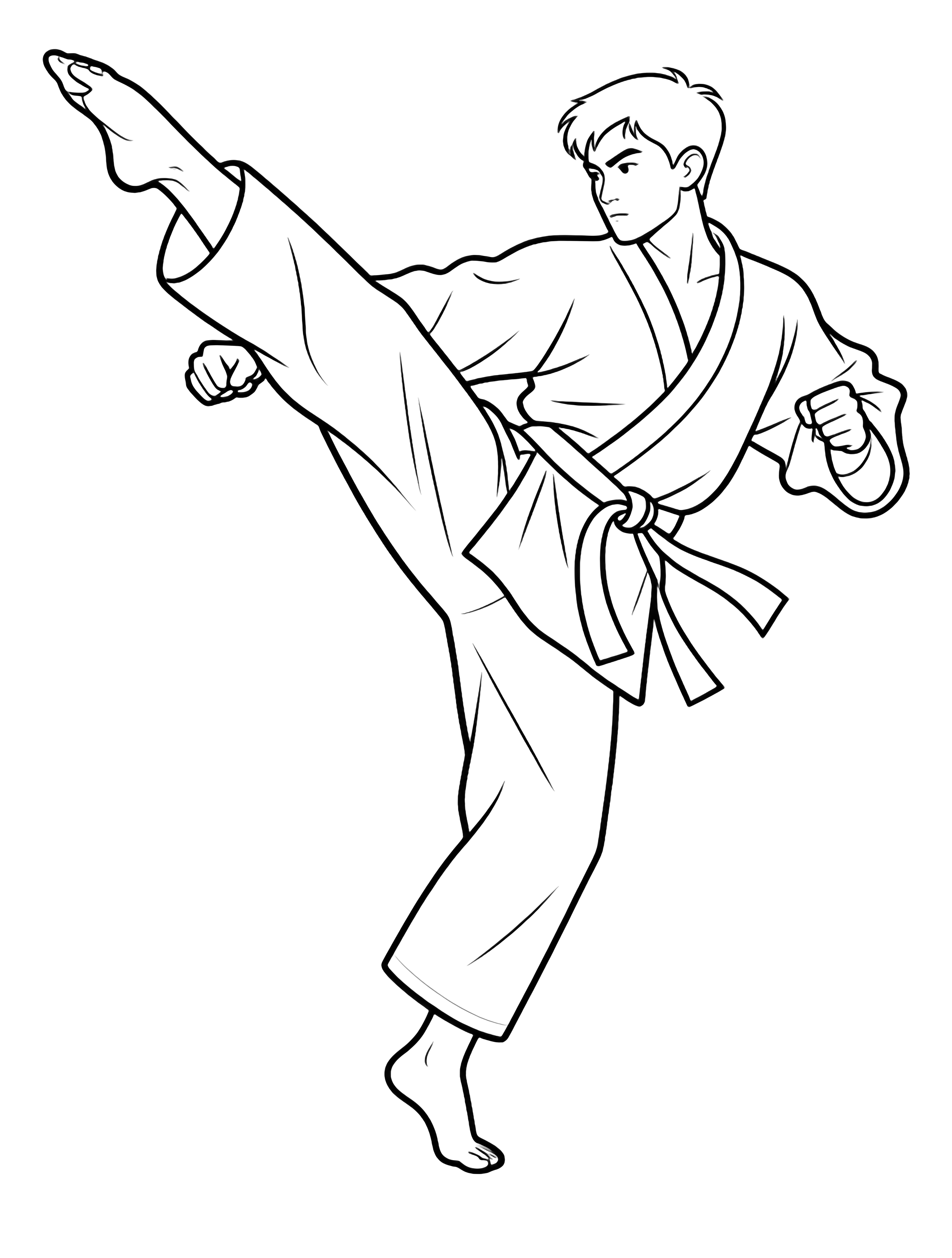 A karate fighter suspended mid-air, executing a high front kick, wearing a tied gi with flaring sleeves and pointed toes. kleurplaat